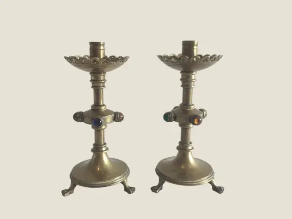 Antique Candlesticks | Neo Gotic 1700s  French Gilded Copper, Amber Cabochon Pair