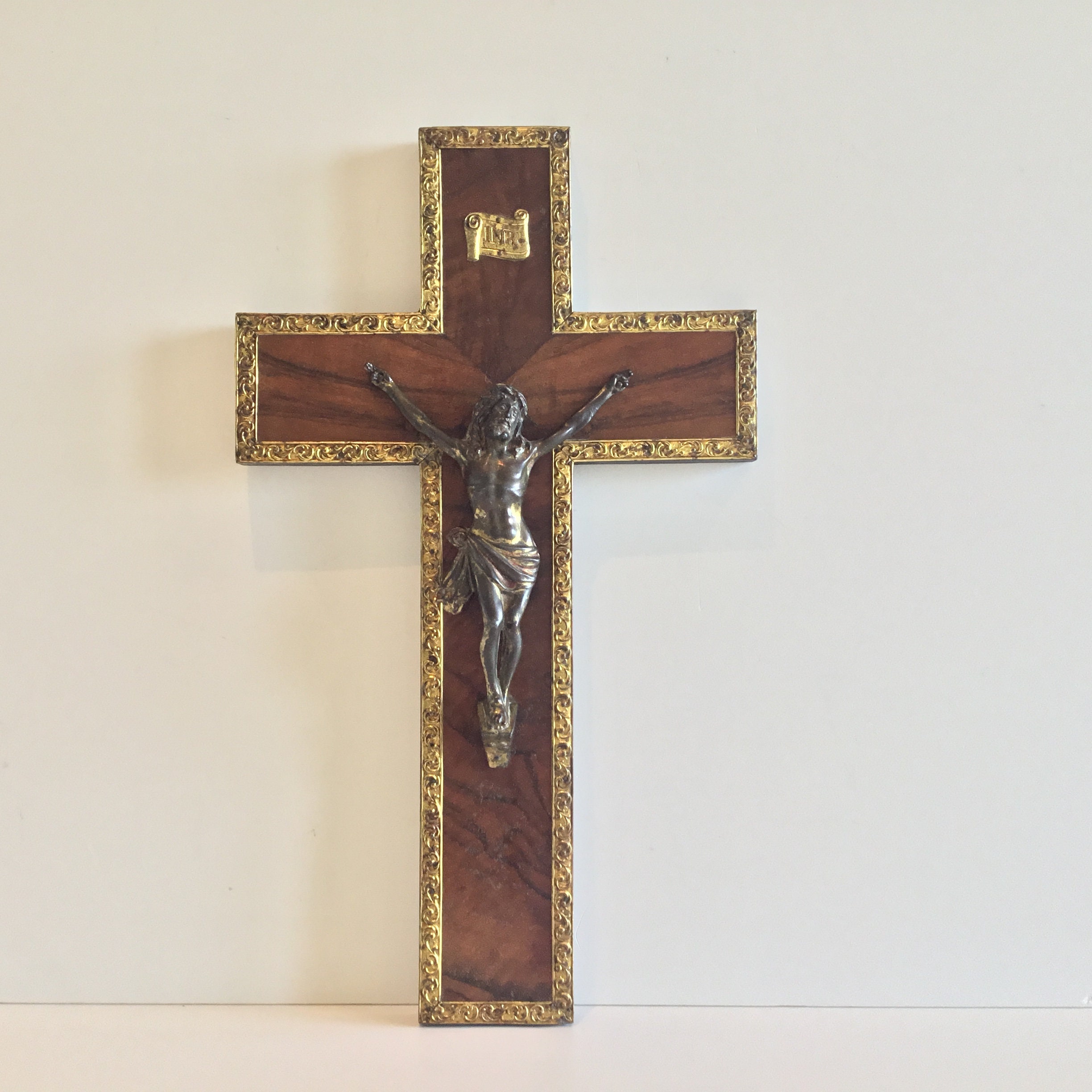 Vintage Crucifix | 1930s Spanish Antique, Patinated Metal Christ on Exotic Wood Cross — photo 2 of 6