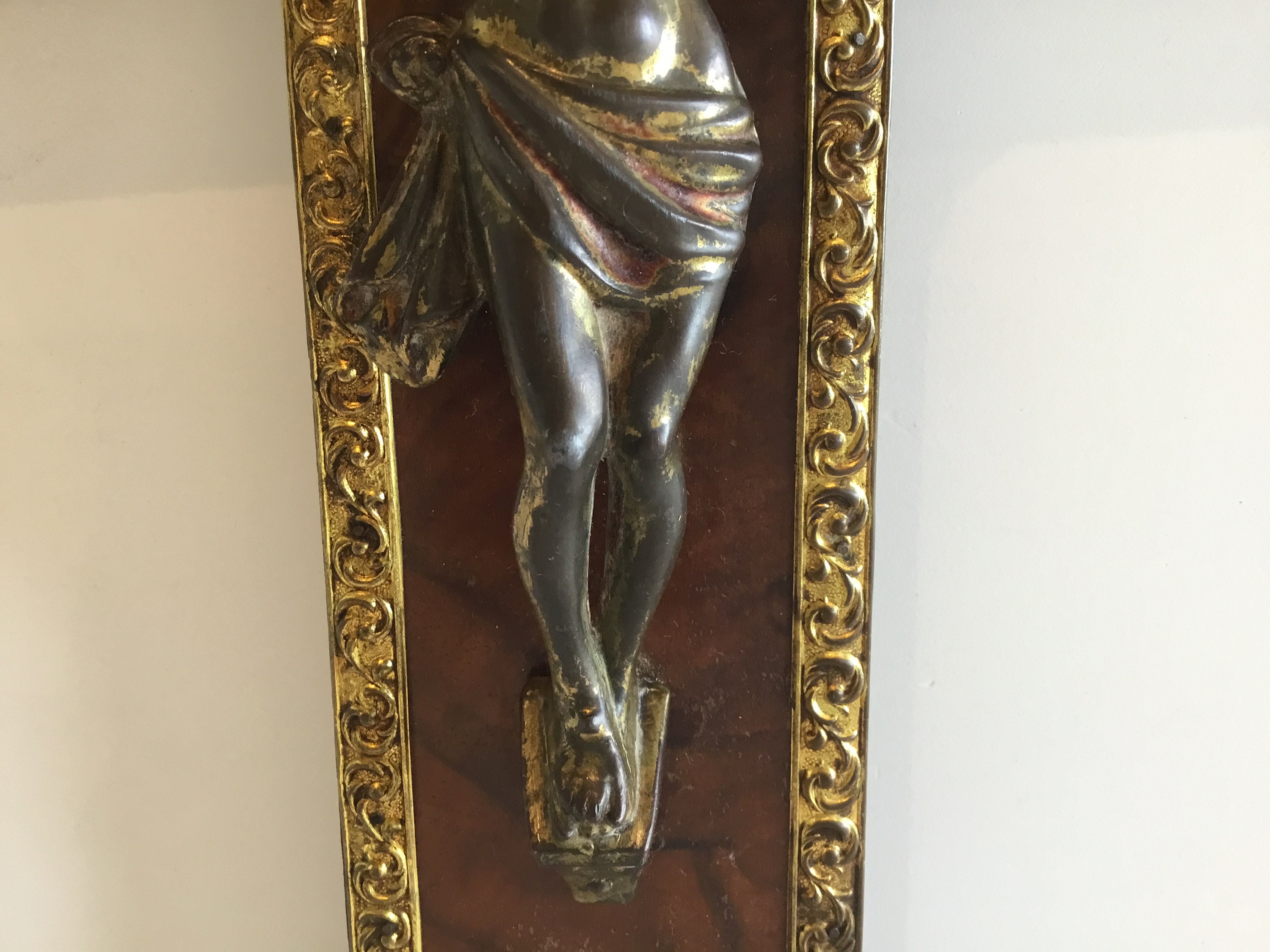Vintage Crucifix | 1930s Spanish Antique, Patinated Metal Christ on Exotic Wood Cross — photo 5 of 6
