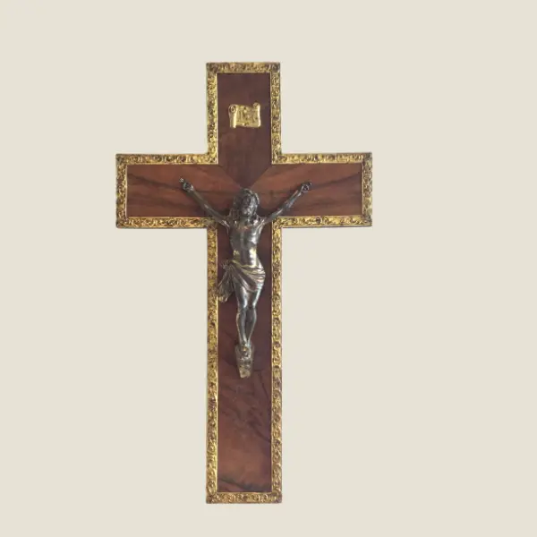 Vintage Crucifix | 1930s Spanish Antique, Patinated Metal Christ on Exotic Wood Cross