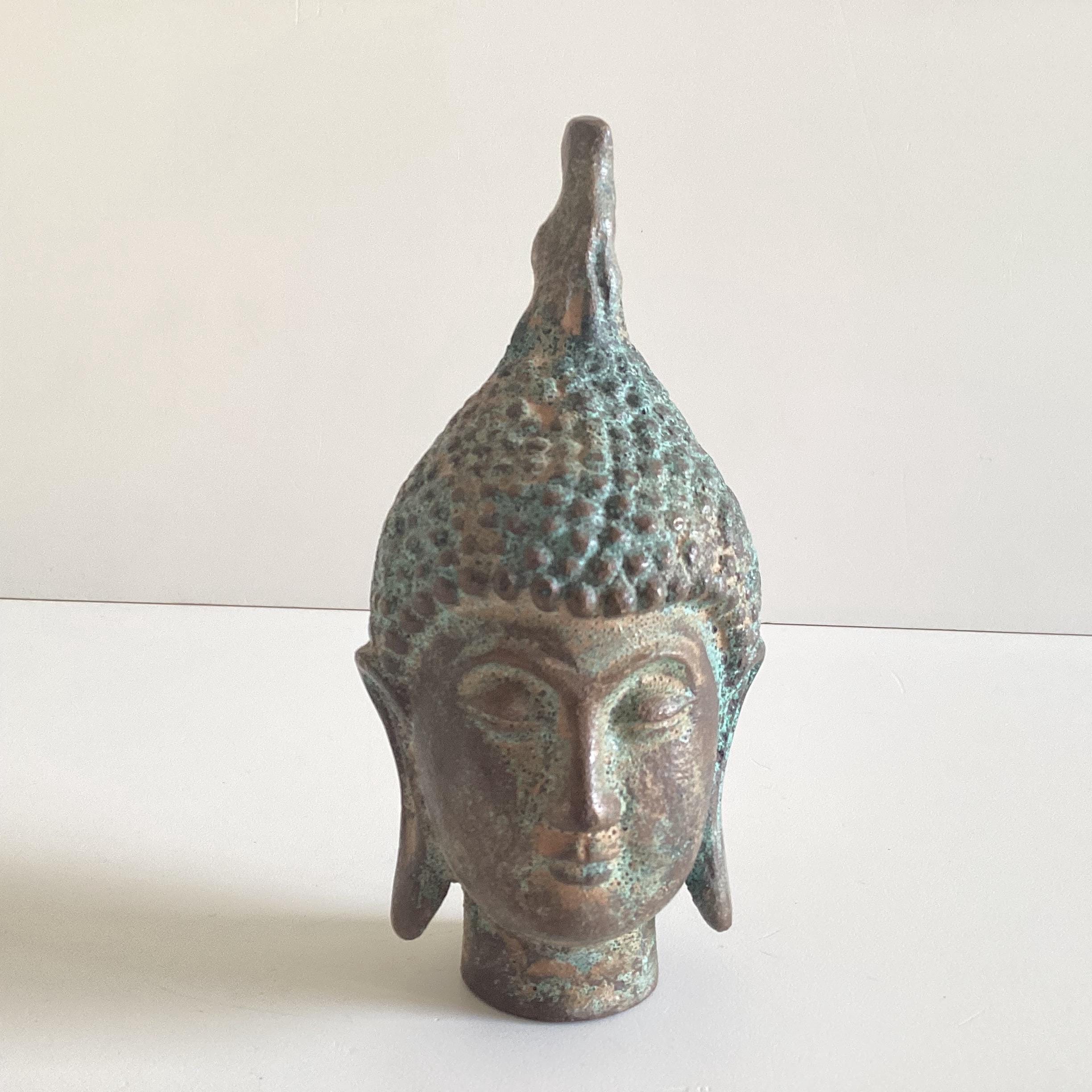 Antique Buddha Head | Thailand 1900s Bronze Sculpture, Original Patina Religious Art — photo 2 of 8