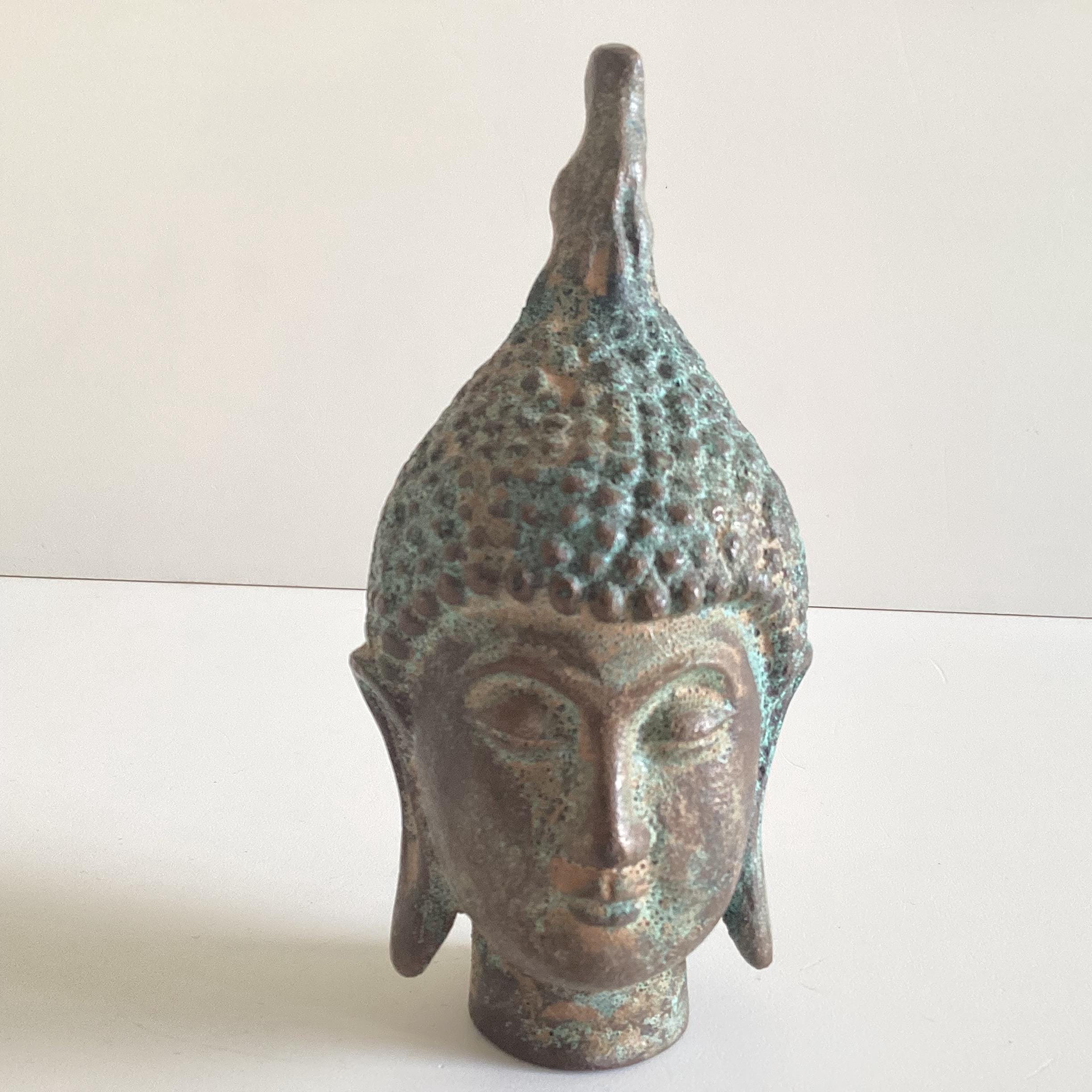 Antique Buddha Head | Thailand 1900s Bronze Sculpture, Original Patina Religious Art — photo 3 of 8