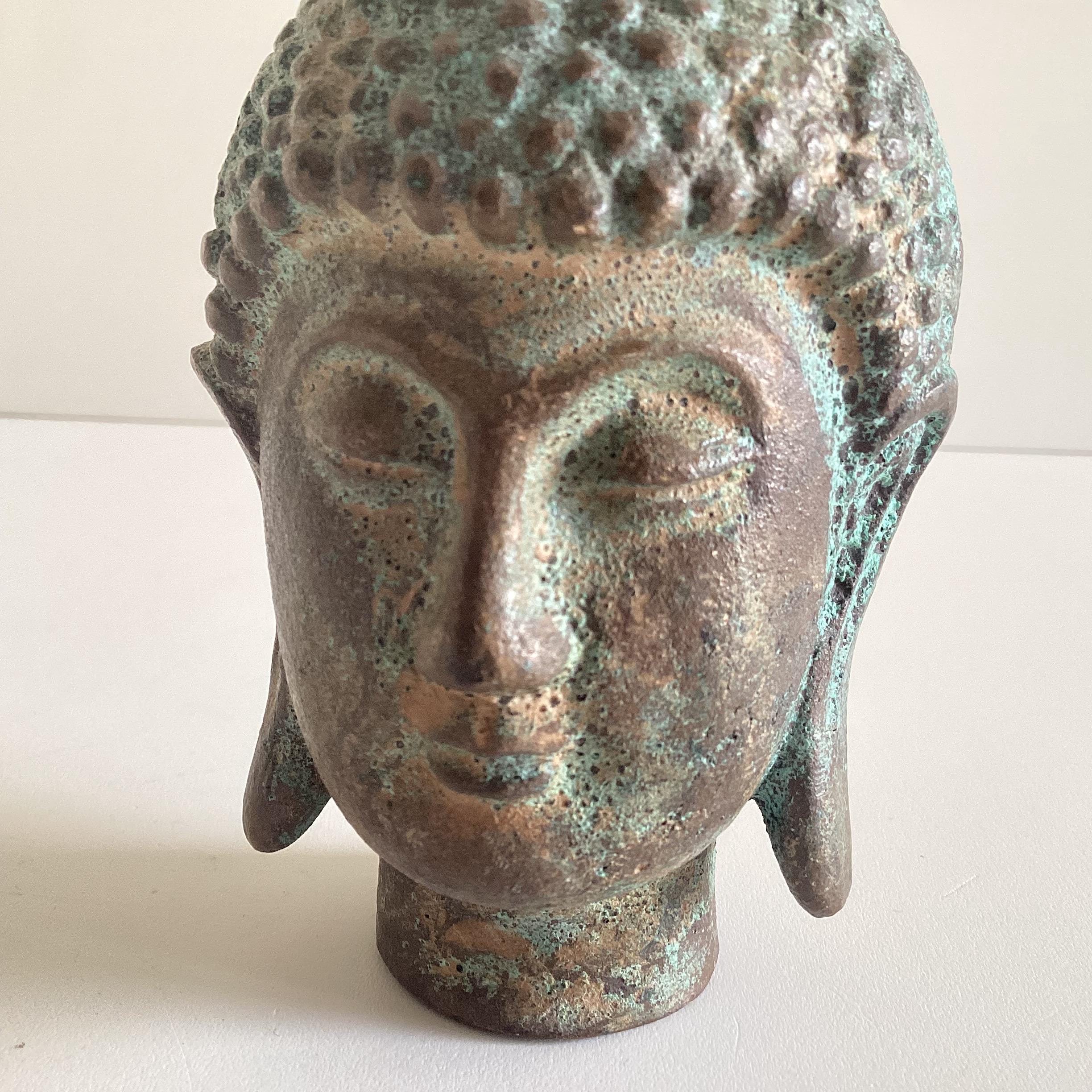Antique Buddha Head | Thailand 1900s Bronze Sculpture, Original Patina Religious Art — photo 4 of 8