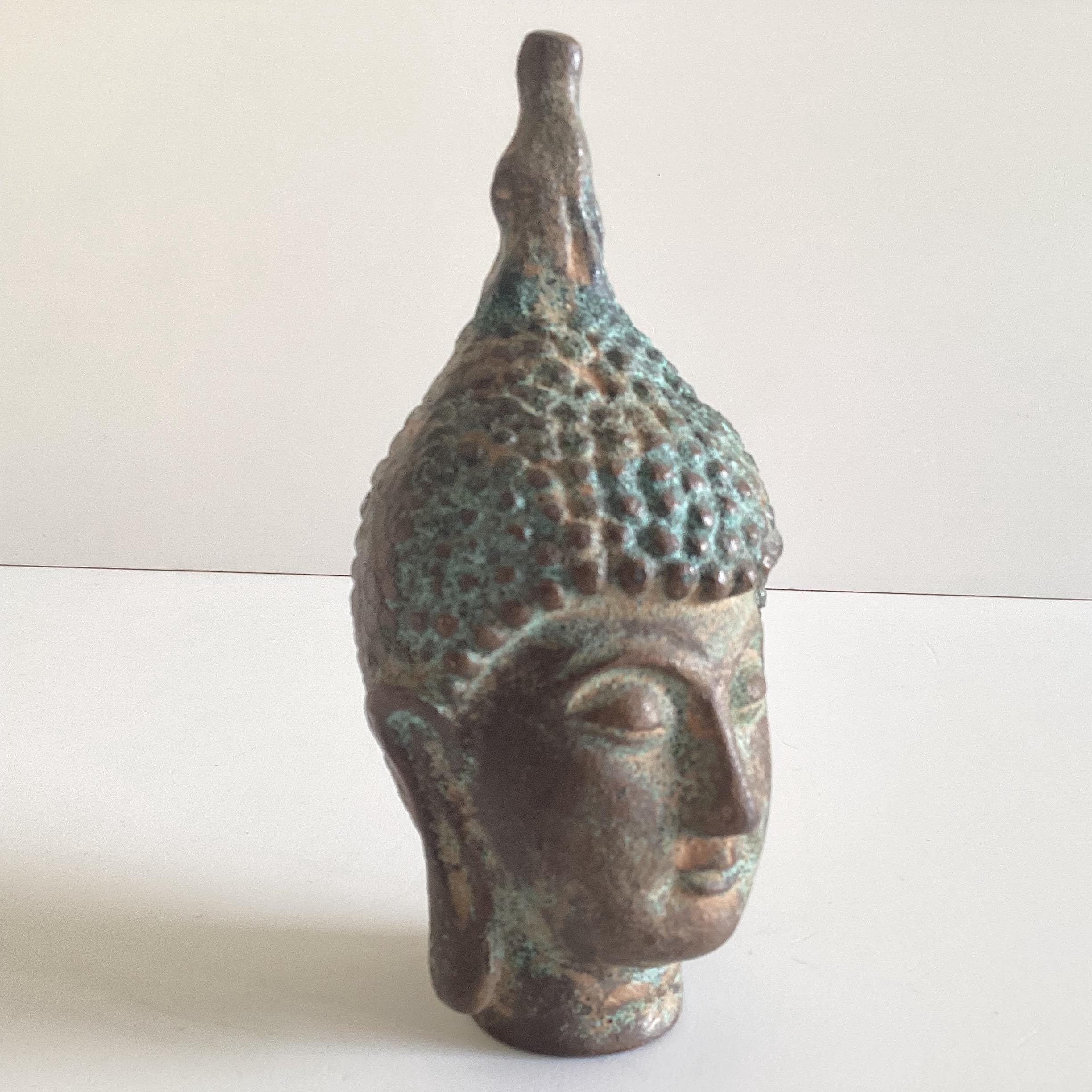 Antique Buddha Head | Thailand 1900s Bronze Sculpture, Original Patina Religious Art — photo 5 of 8