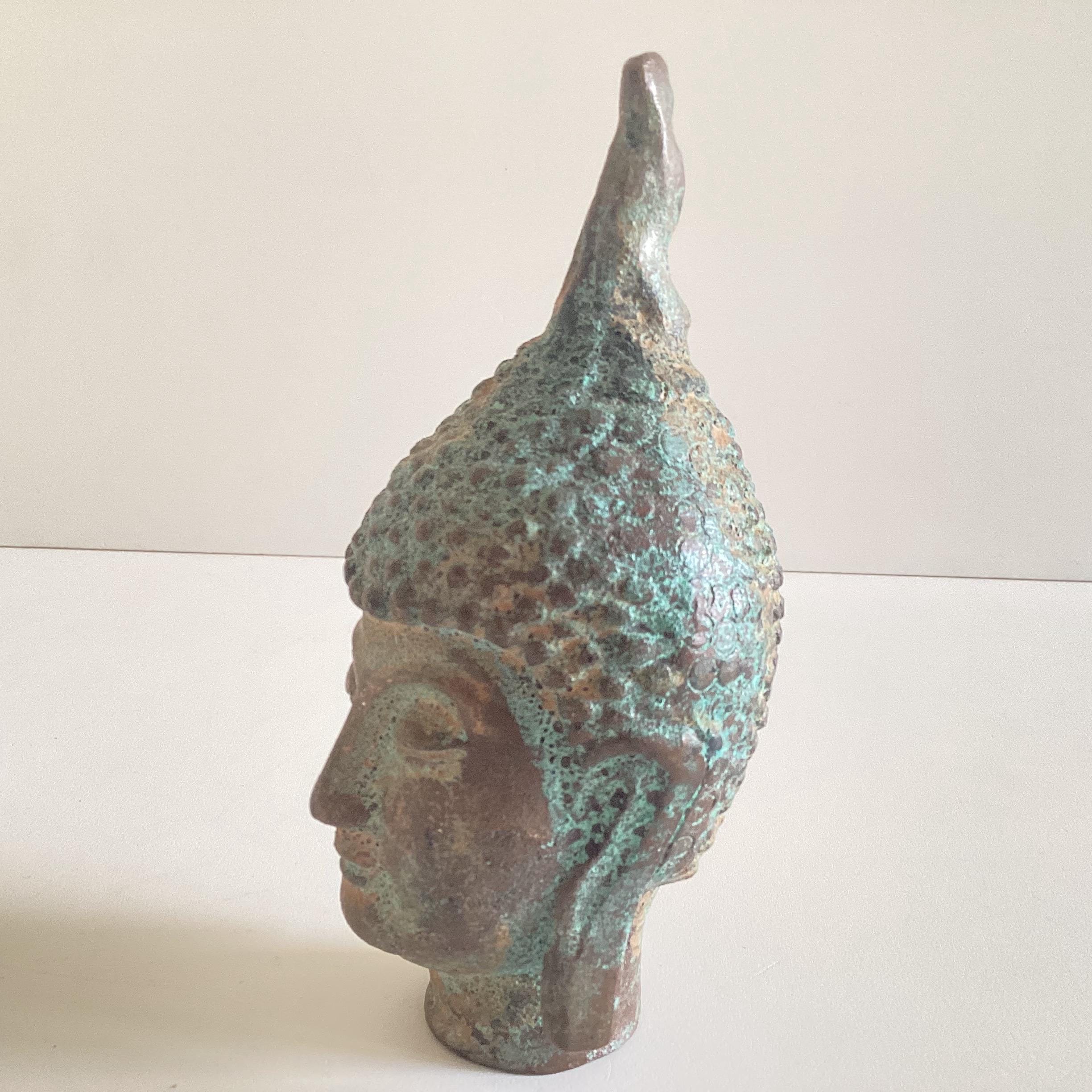 Antique Buddha Head | Thailand 1900s Bronze Sculpture, Original Patina Religious Art — photo 7 of 8