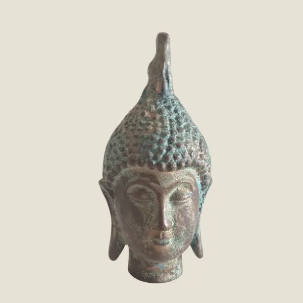 Antique Buddha Head | Thailand 1900s Bronze Sculpture, Original Patina Religious Art