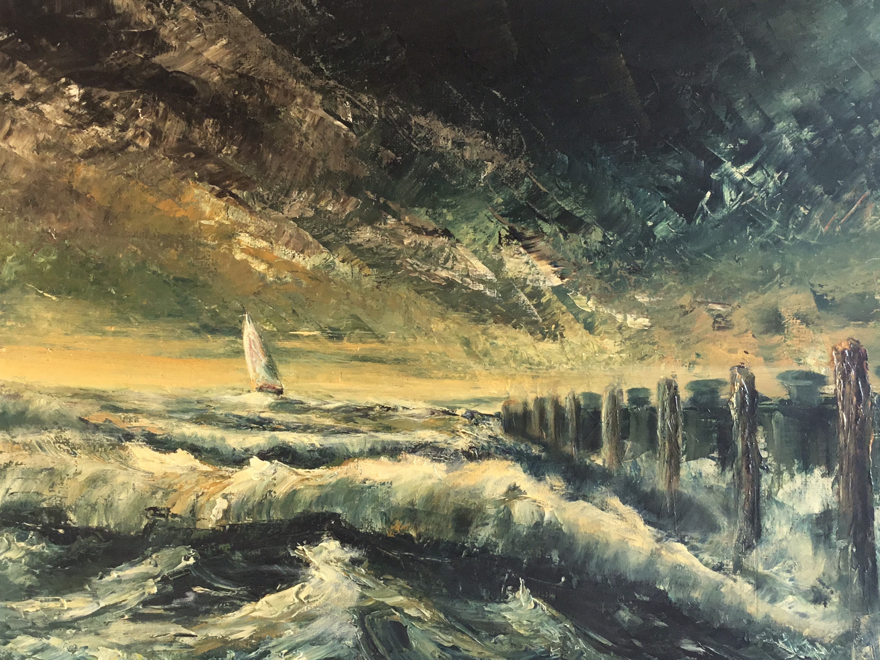 Vintage Seascape Painting | 1950s Italian Marine Art, Bold Color Contrast Signed
