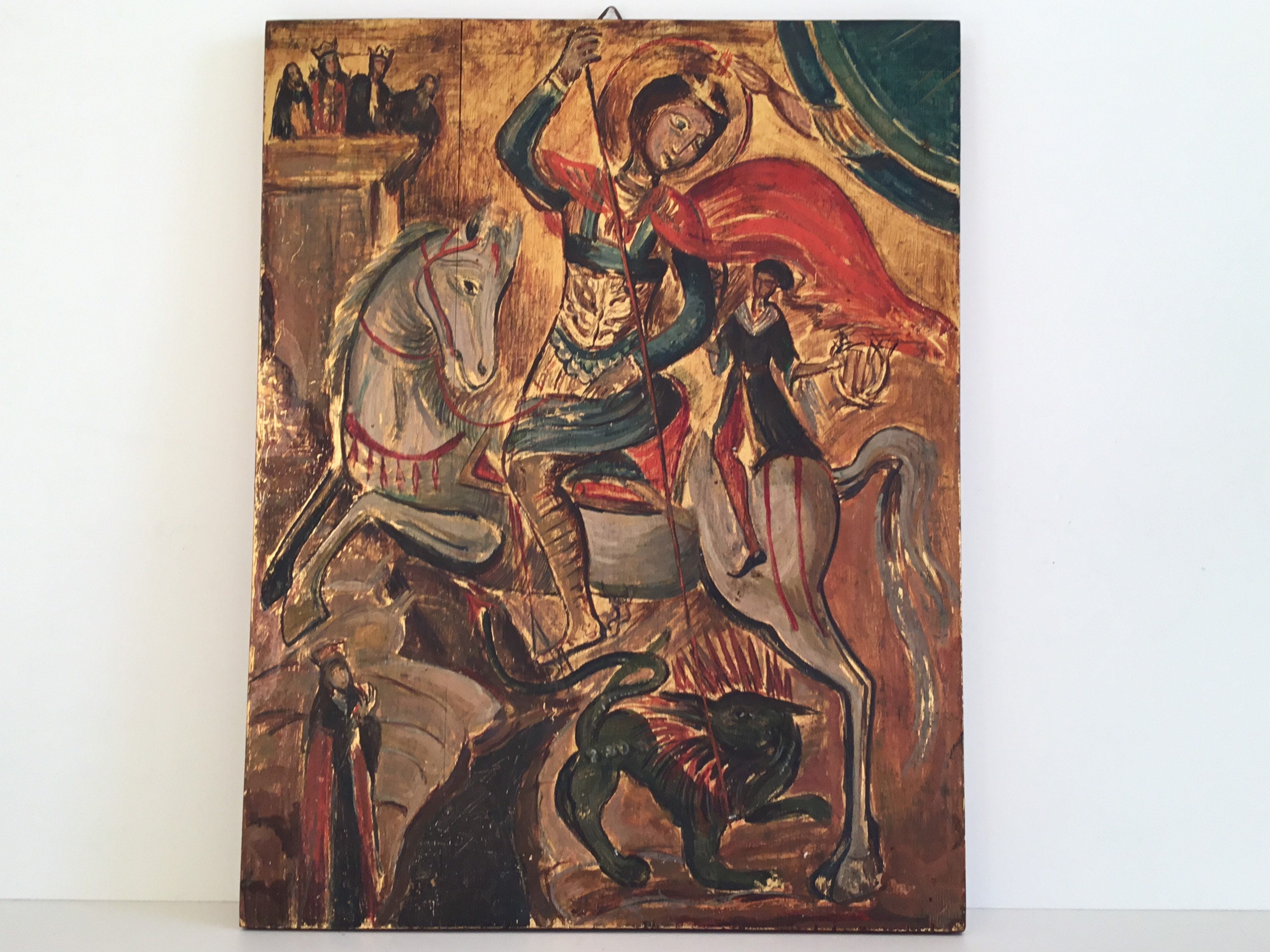 Vintage Orthodox Icon | 1950s Saint George & Dragon, Hand Painted Tempera — photo 3 of 9