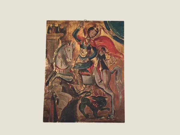 Vintage Orthodox Icon | 1950s Saint George & Dragon, Hand Painted Tempera