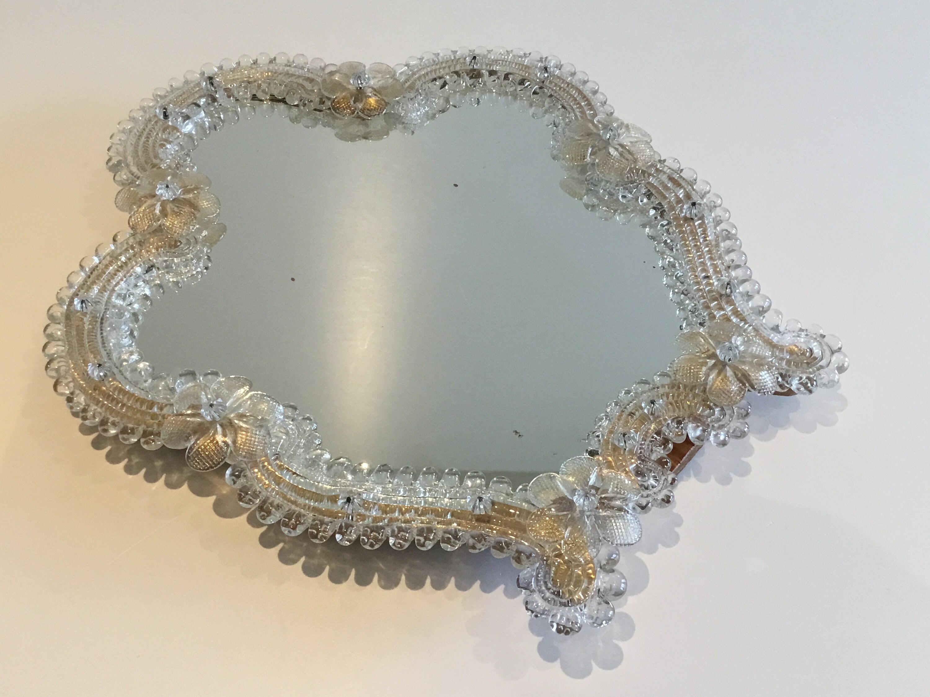 Vintage Murano Glass Mirror | 1950s Venetian Wall Table Mirror, Gold Decorations — photo 4 of 9