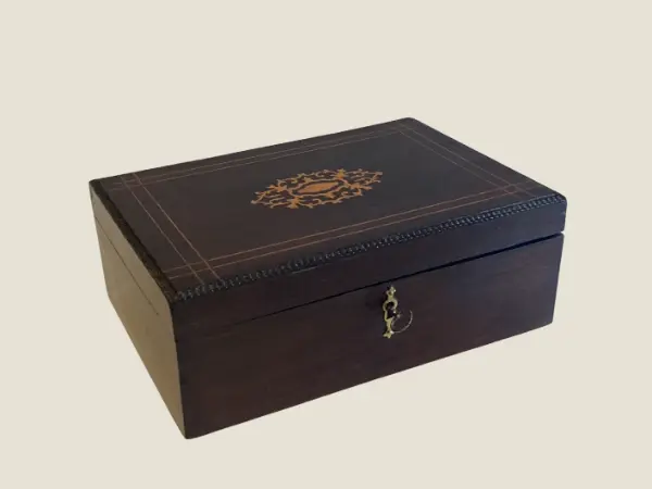 Antique French Box | 1880 Hand Inlaid Wood, Original Key & Lock, Red Interior