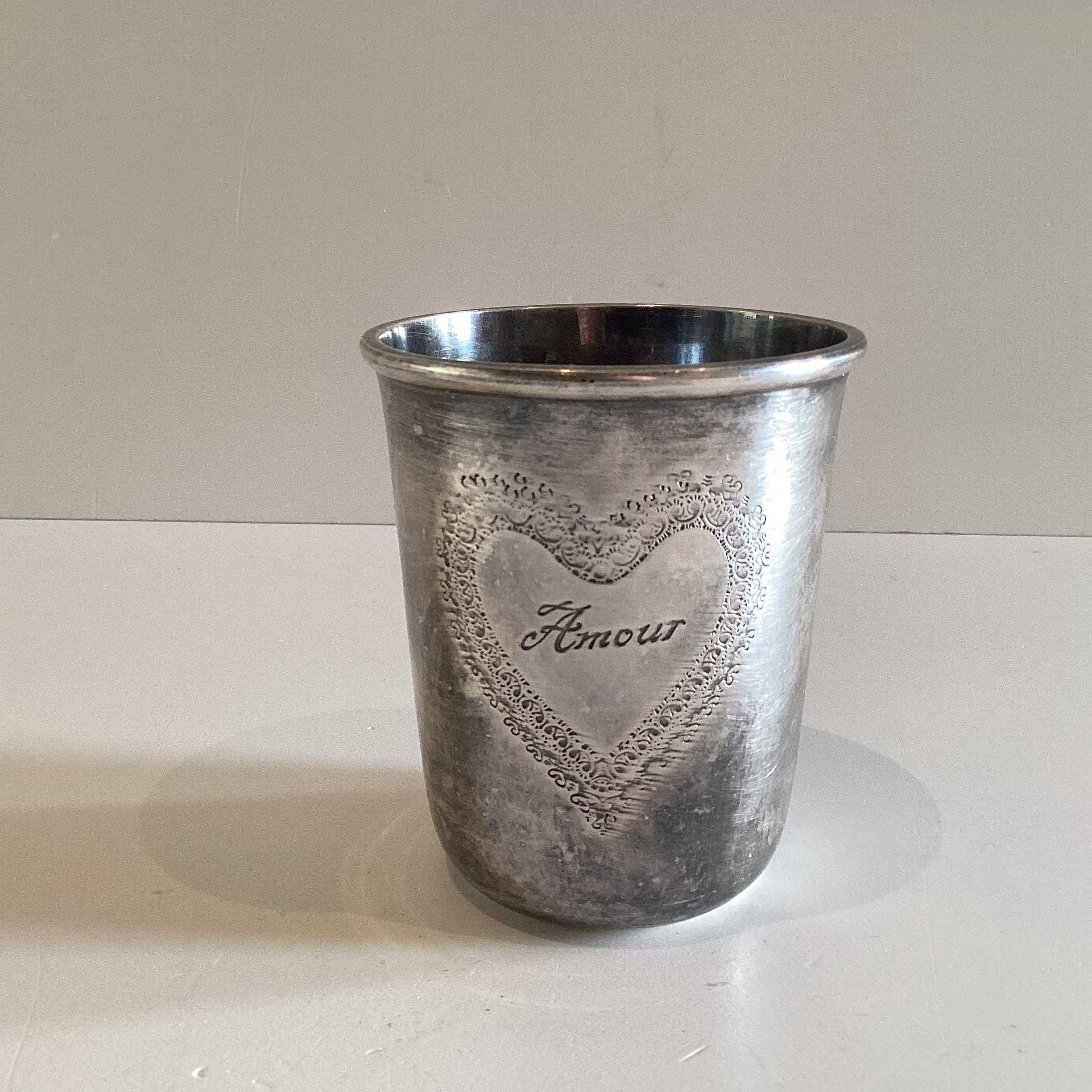Antique French Goblet | 1900s Silver Plated Timbale, Heart Engraved "Amour" — photo 2 of 4