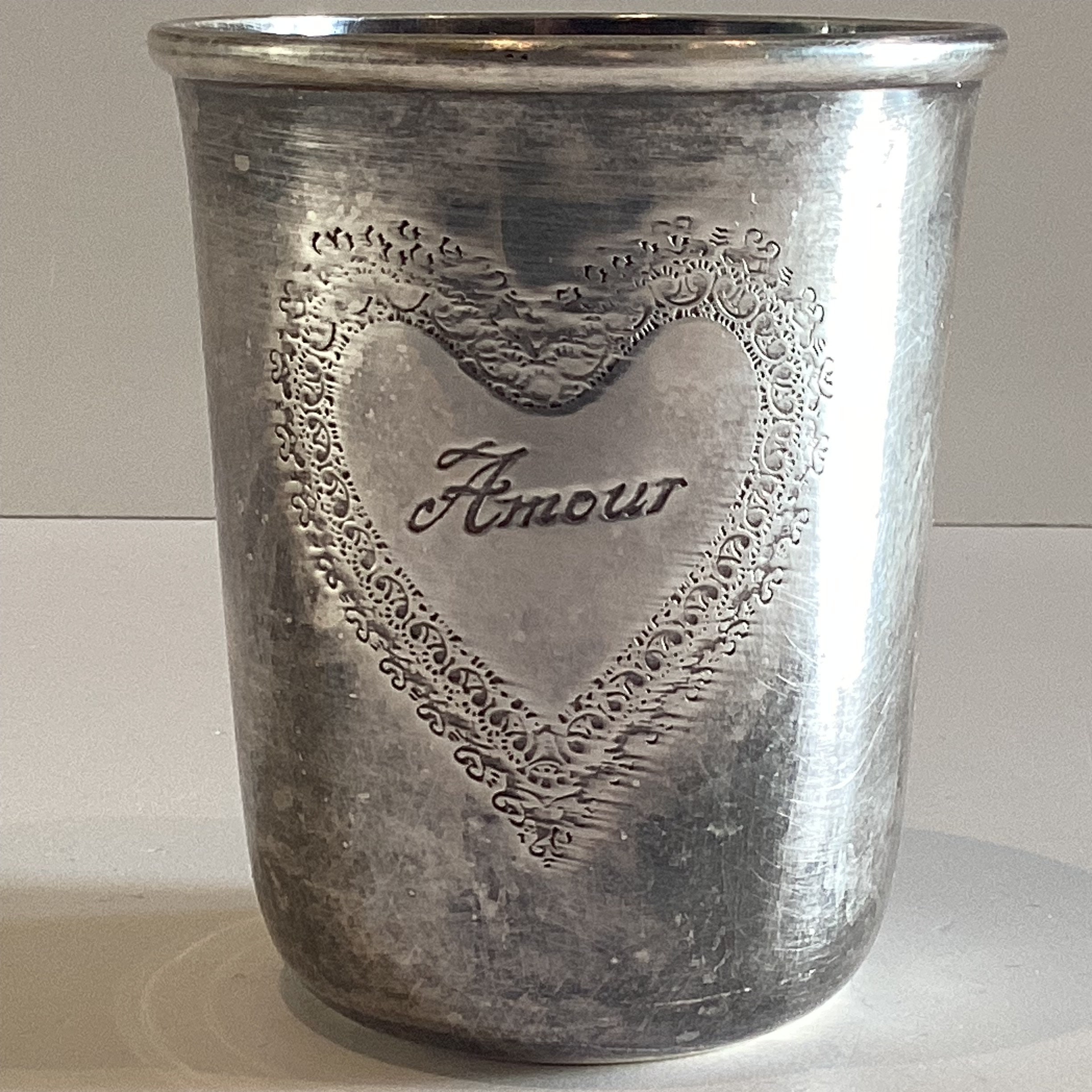 Antique French Goblet | 1900s Silver Plated Timbale, Heart Engraved "Amour" — photo 3 of 4