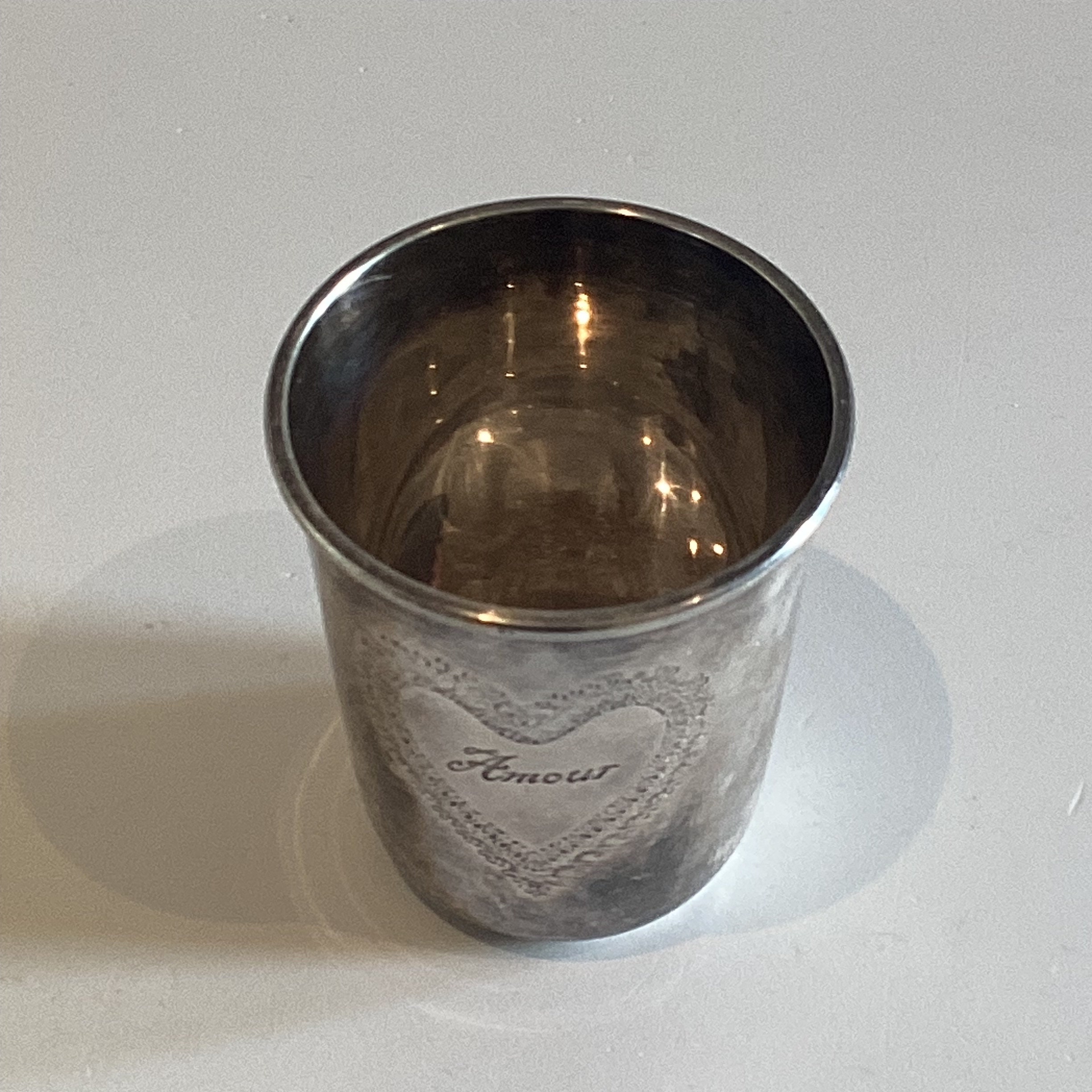 Antique French Goblet | 1900s Silver Plated Timbale, Heart Engraved "Amour" — photo 4 of 4