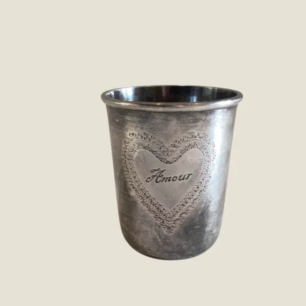 Antique French Goblet | 1900s Silver Plated Timbale, Heart Engraved "Amour"