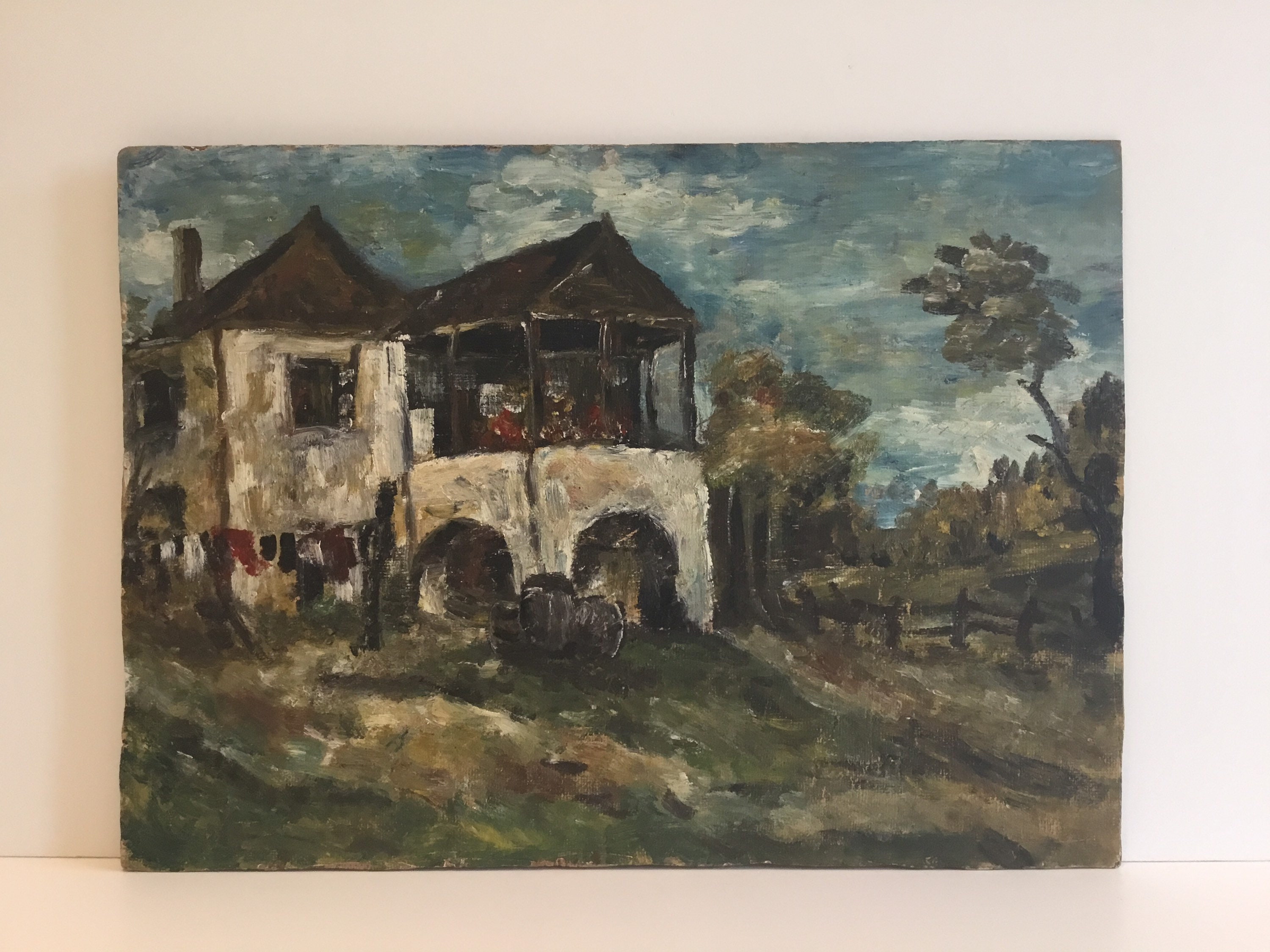 Vintage Landscape Painting | 1930s Romanian Country House, Oil on Cardboard Folk Art — photo 2 of 11