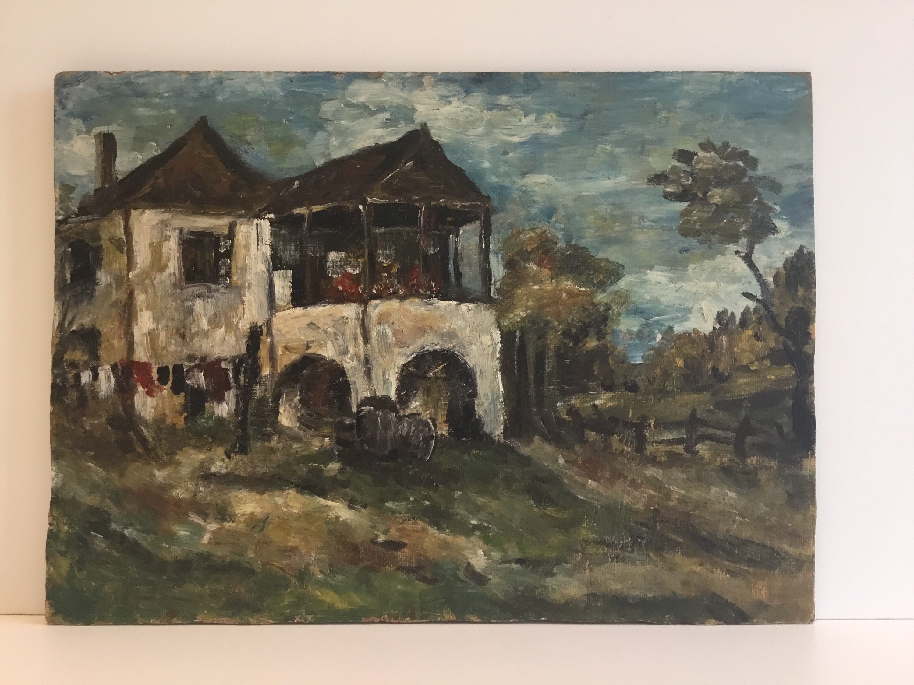 Vintage Landscape Painting | 1930s Romanian Country House, Oil on Cardboard Folk Art — photo 3 of 11
