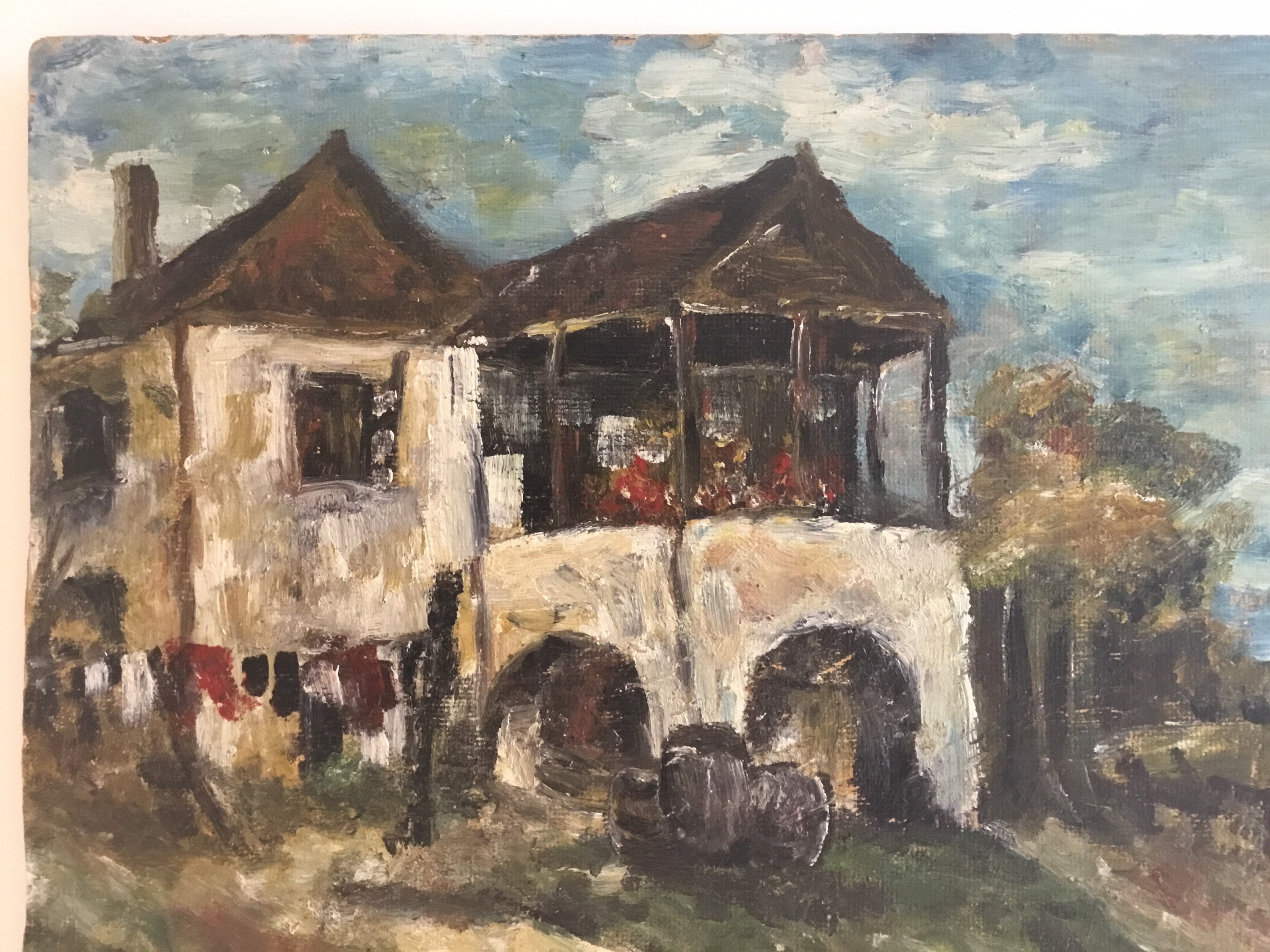Vintage Landscape Painting | 1930s Romanian Country House, Oil on Cardboard Folk Art — photo 4 of 11