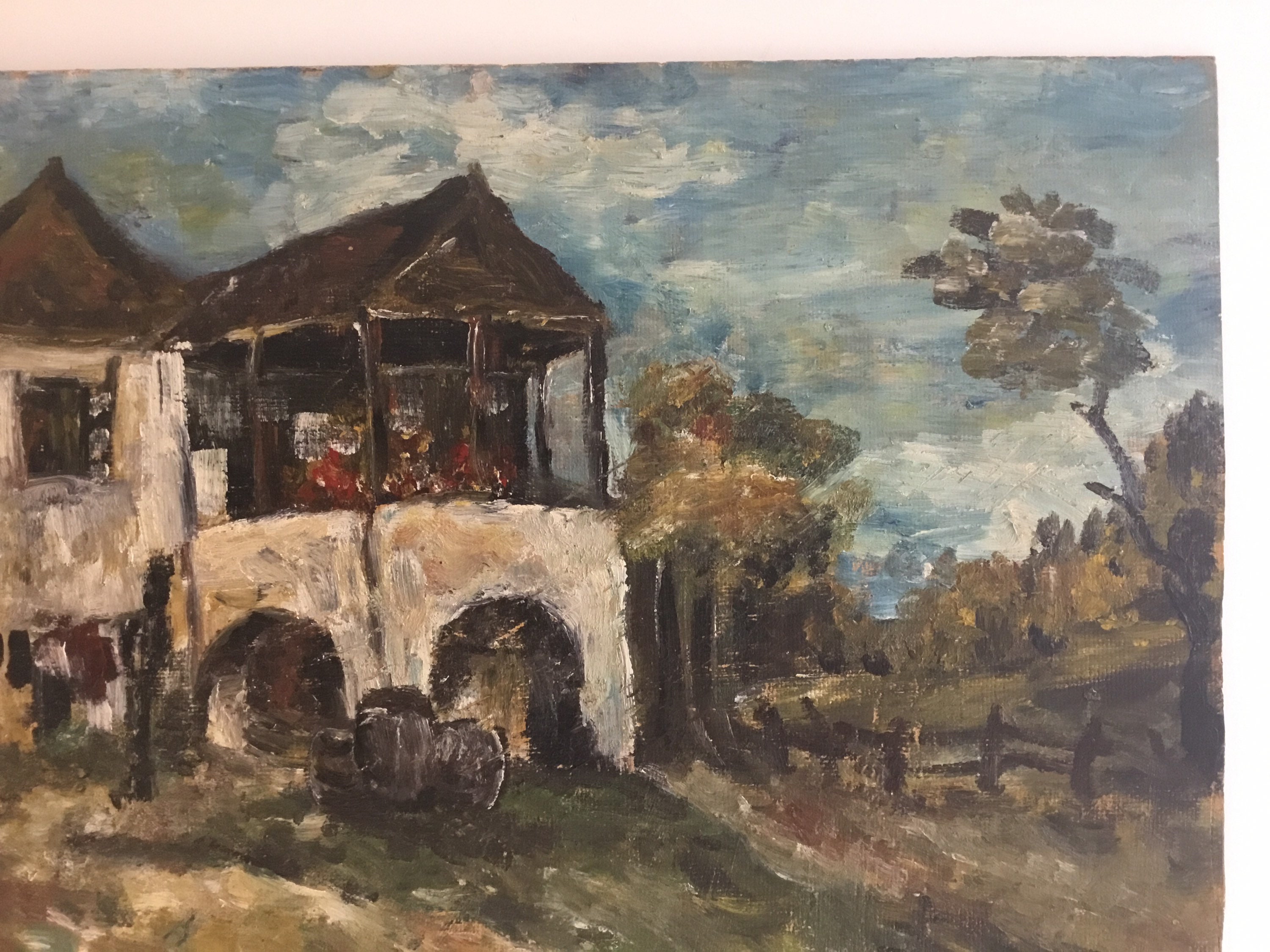 Vintage Landscape Painting | 1930s Romanian Country House, Oil on Cardboard Folk Art — photo 6 of 11