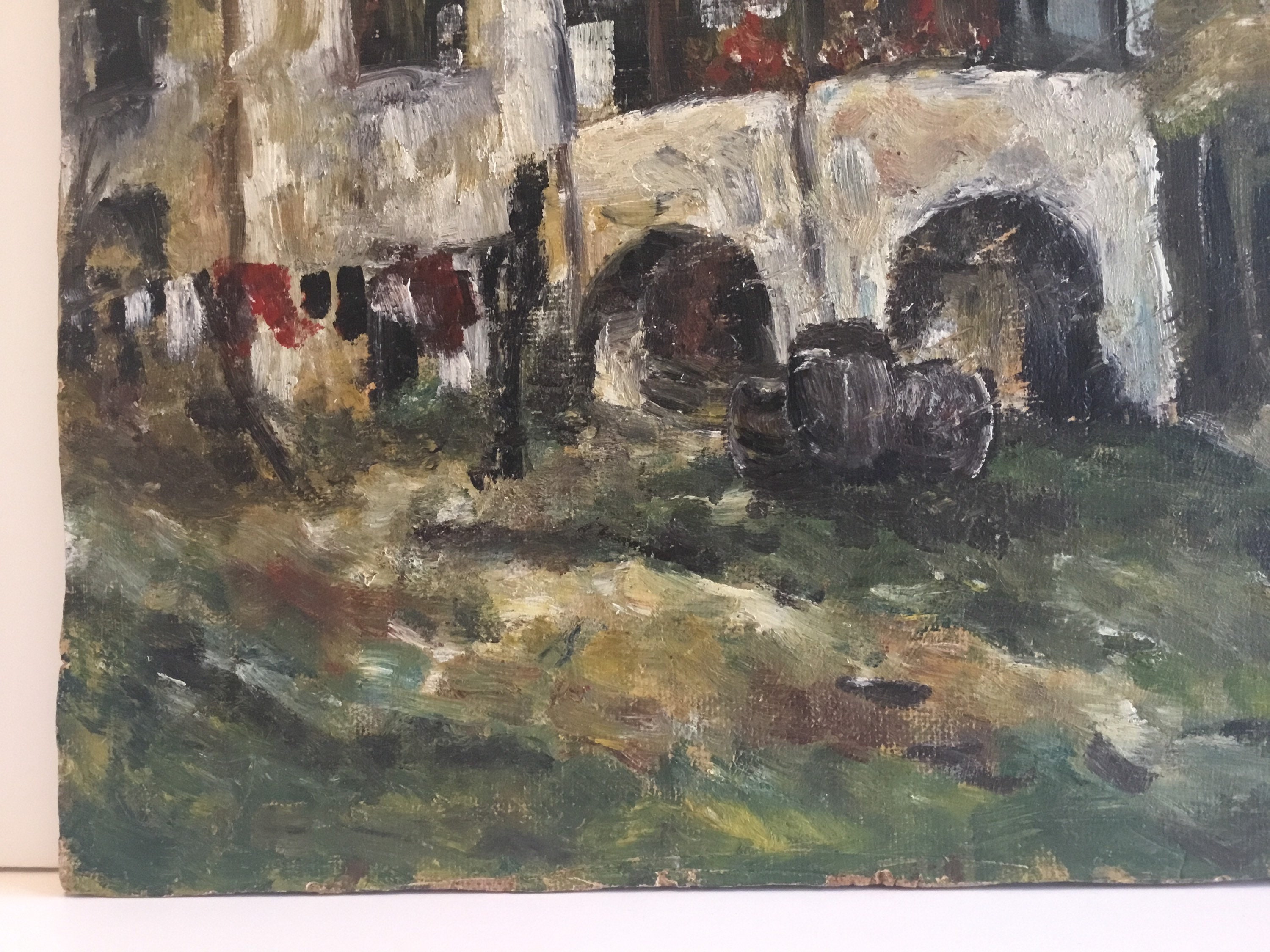 Vintage Landscape Painting | 1930s Romanian Country House, Oil on Cardboard Folk Art — photo 8 of 11