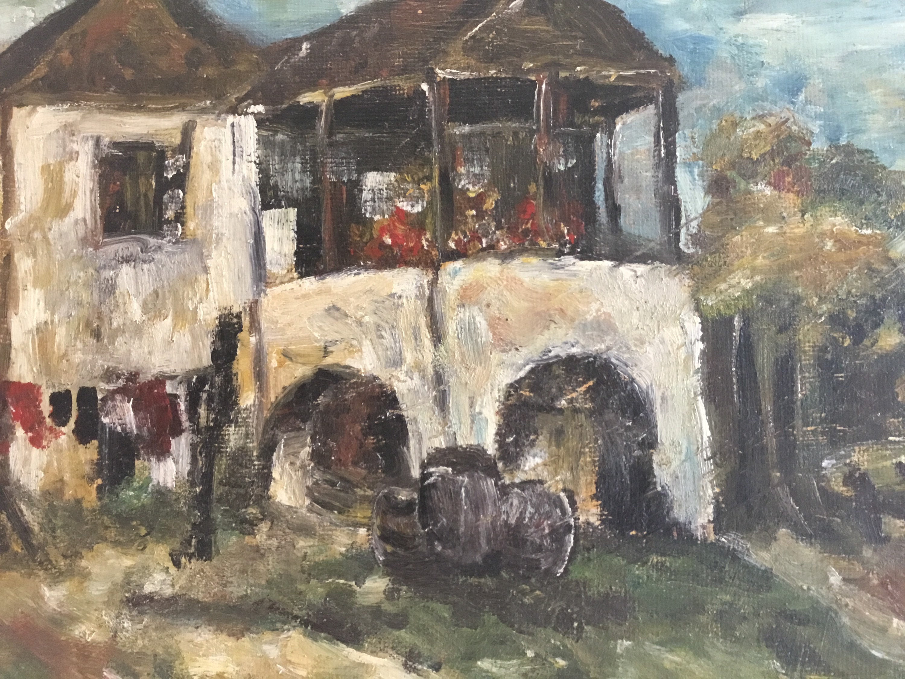 Vintage Landscape Painting | 1930s Romanian Country House, Oil on Cardboard Folk Art — photo 9 of 11