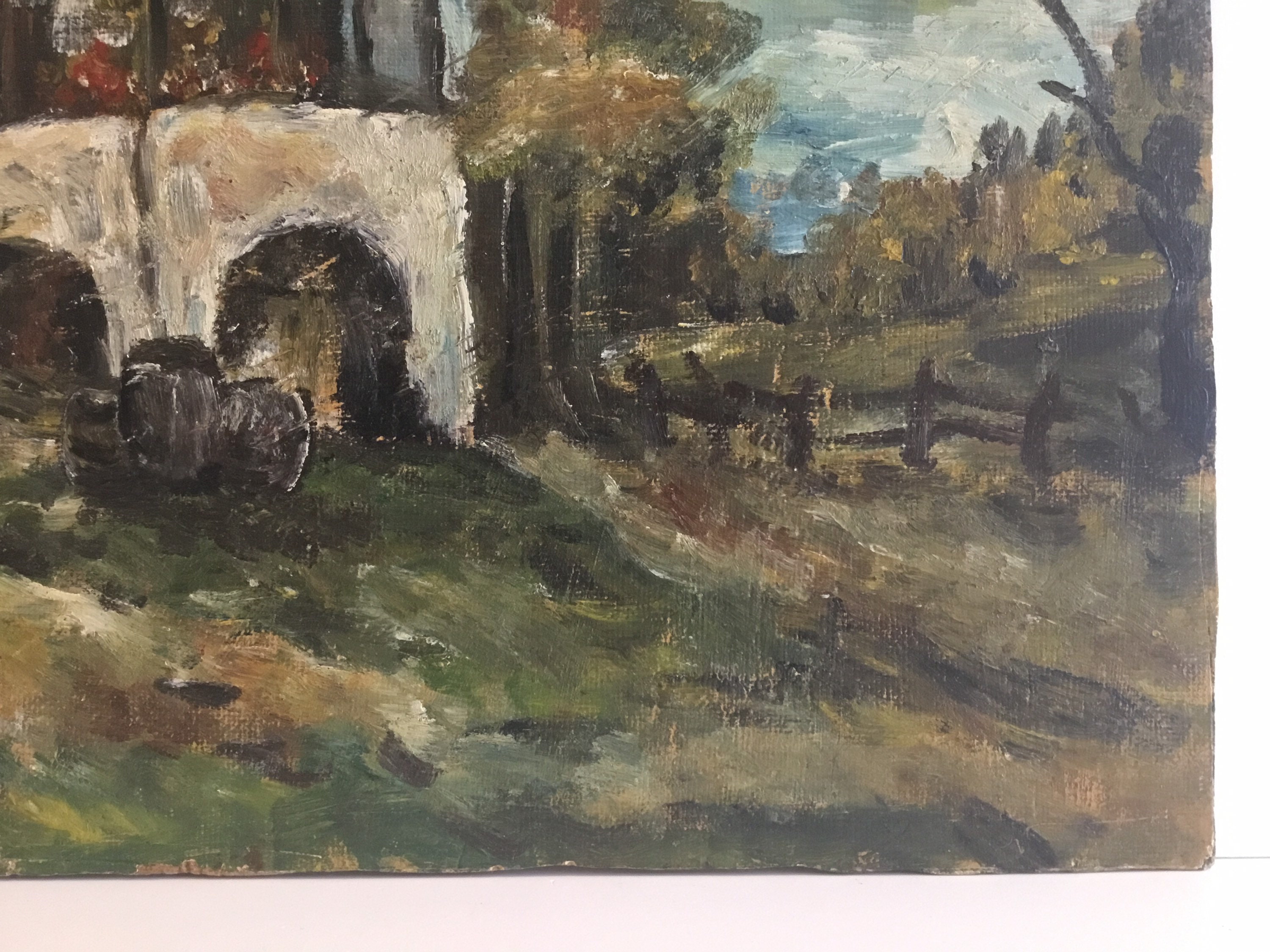 Vintage Landscape Painting | 1930s Romanian Country House, Oil on Cardboard Folk Art — photo 10 of 11
