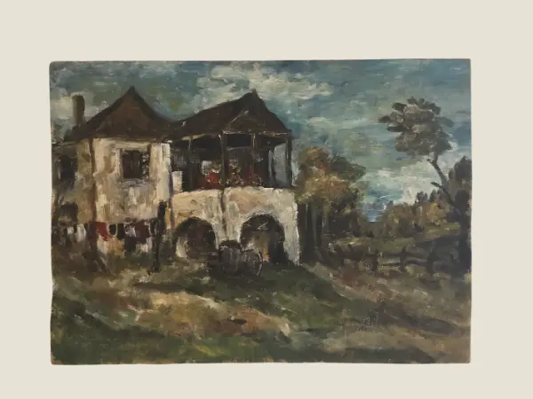 Vintage Landscape Painting | 1930s Romanian Country House, Oil on Cardboard Folk Art
