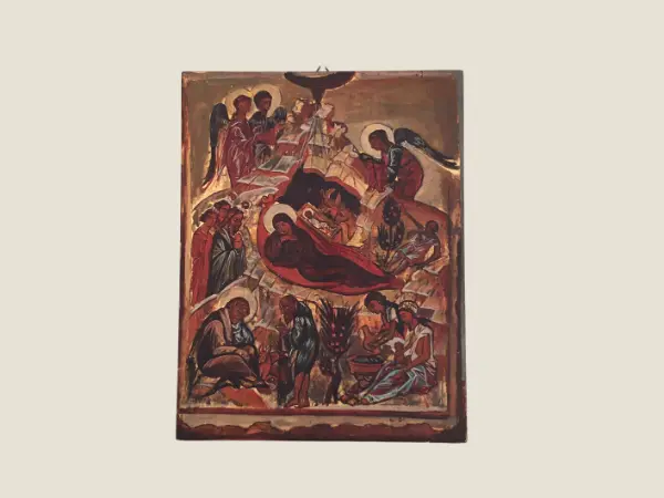 Vintage Icon | 1950s Nativity of Jesus, Hand-Painted Greek Orthodox Religious Art