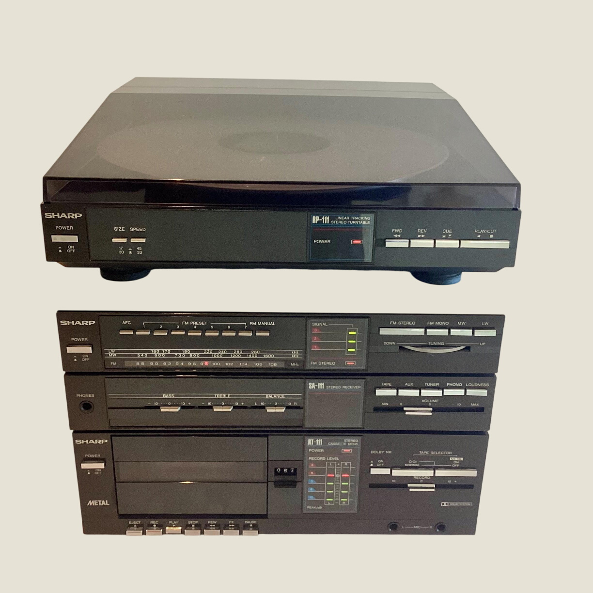 Vintage Sharp Stereo System Turntable Cassette Receiver SA-111 RT-111 RP-111 Made in Japan