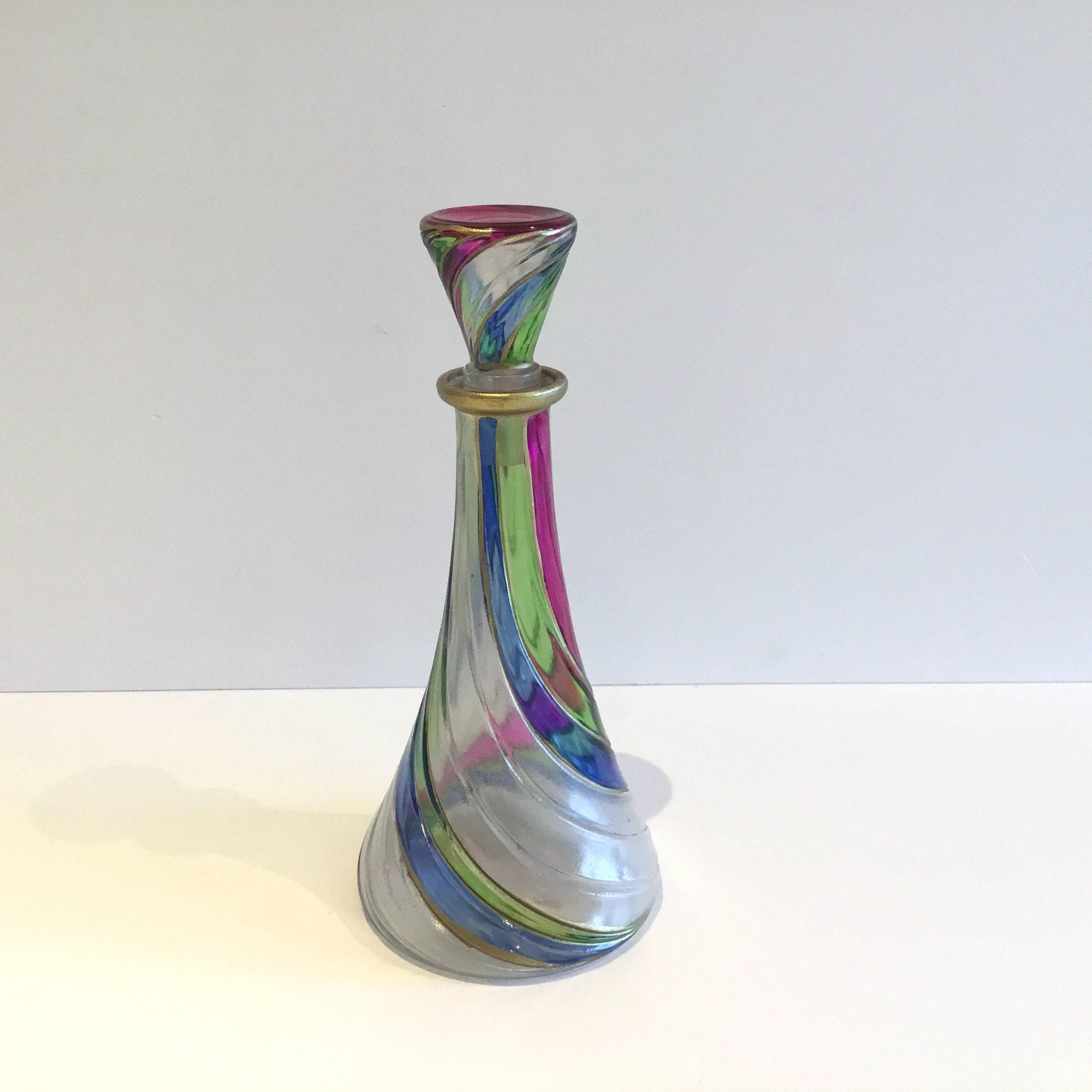 Vintage Italian Glass | 1970s MC Monogram Bottle, Gold Spiral Hand Painted Design — photo 2 of 7
