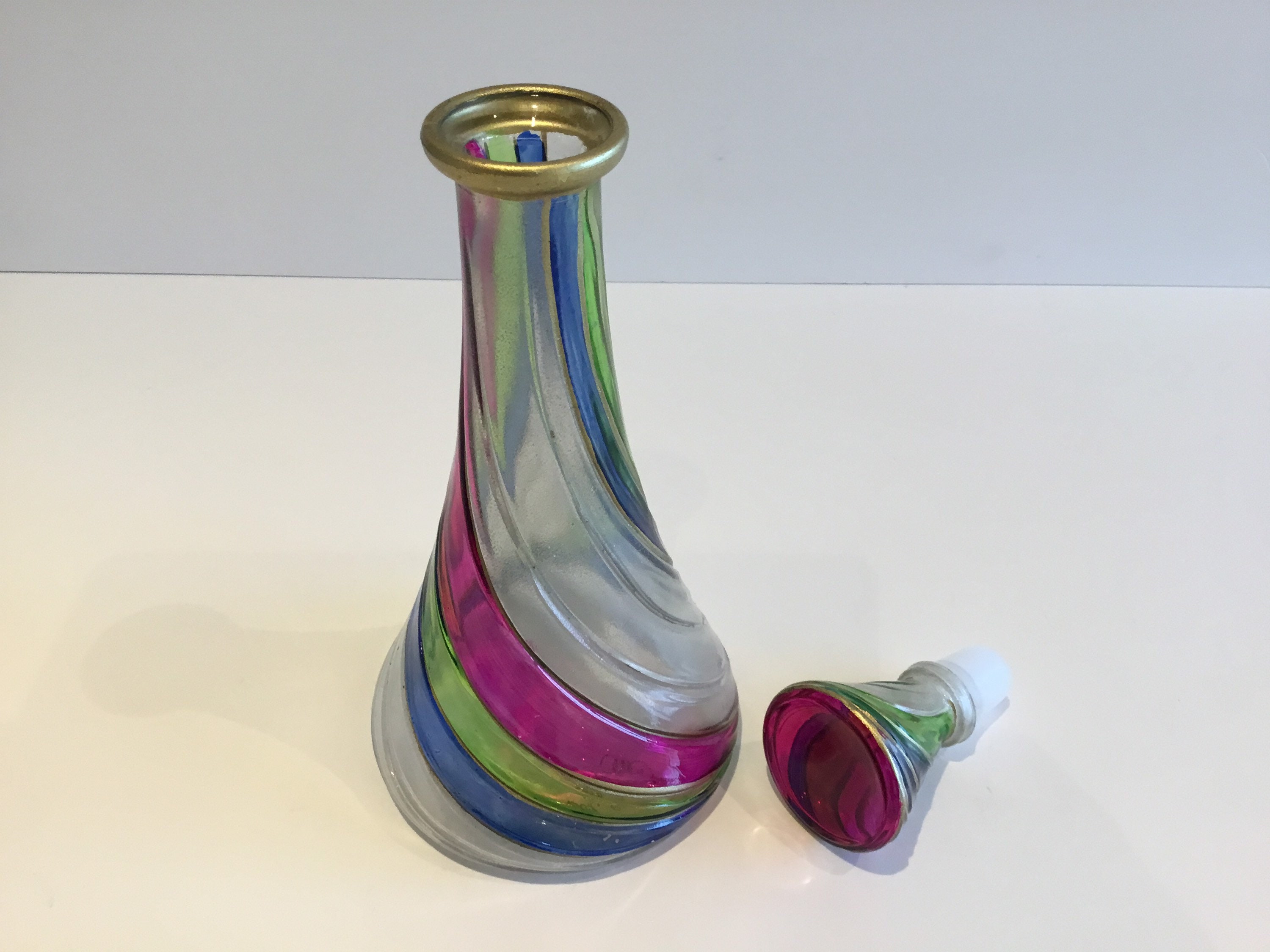 Vintage Italian Glass | 1970s MC Monogram Bottle, Gold Spiral Hand Painted Design — photo 3 of 7