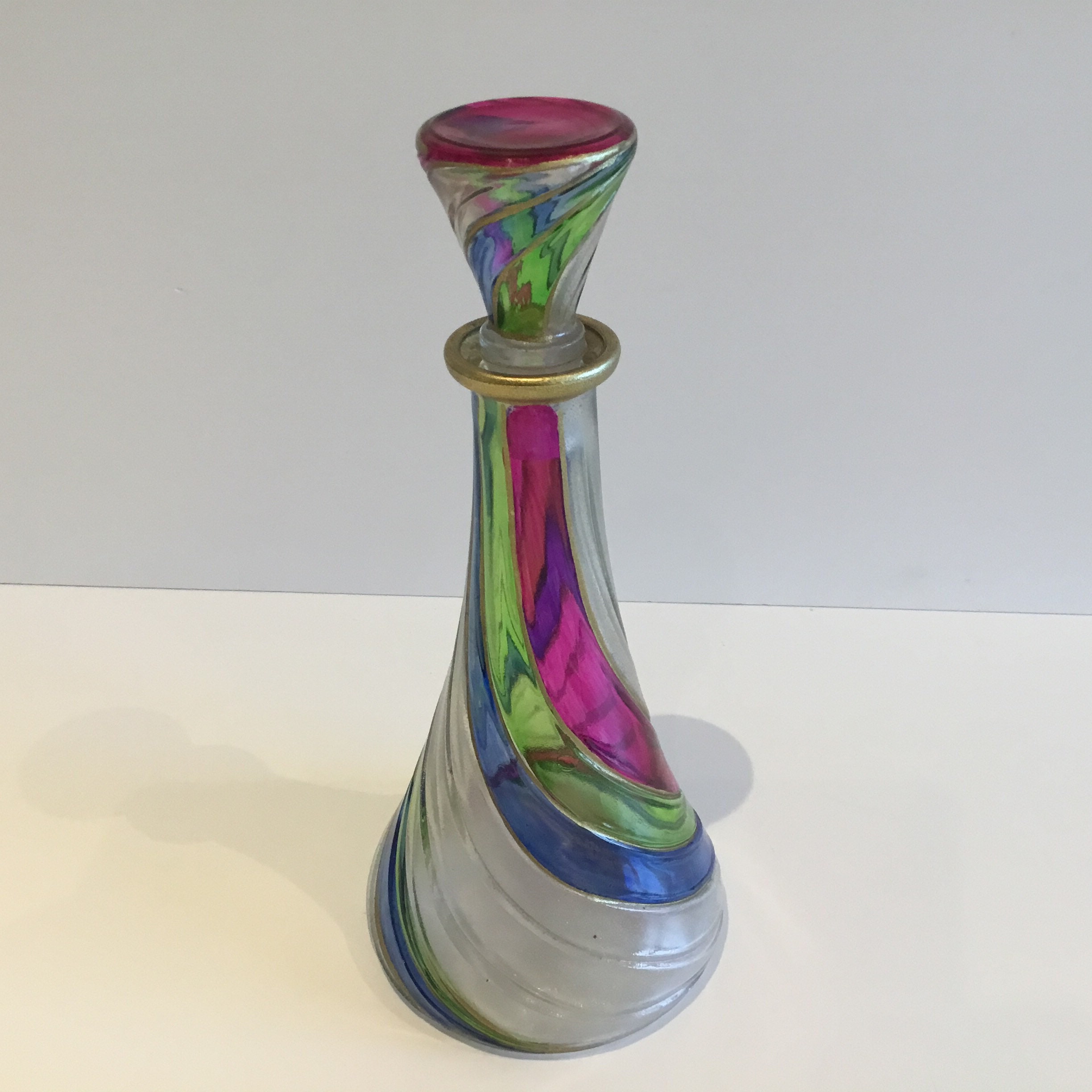 Vintage Italian Glass | 1970s MC Monogram Bottle, Gold Spiral Hand Painted Design — photo 4 of 7