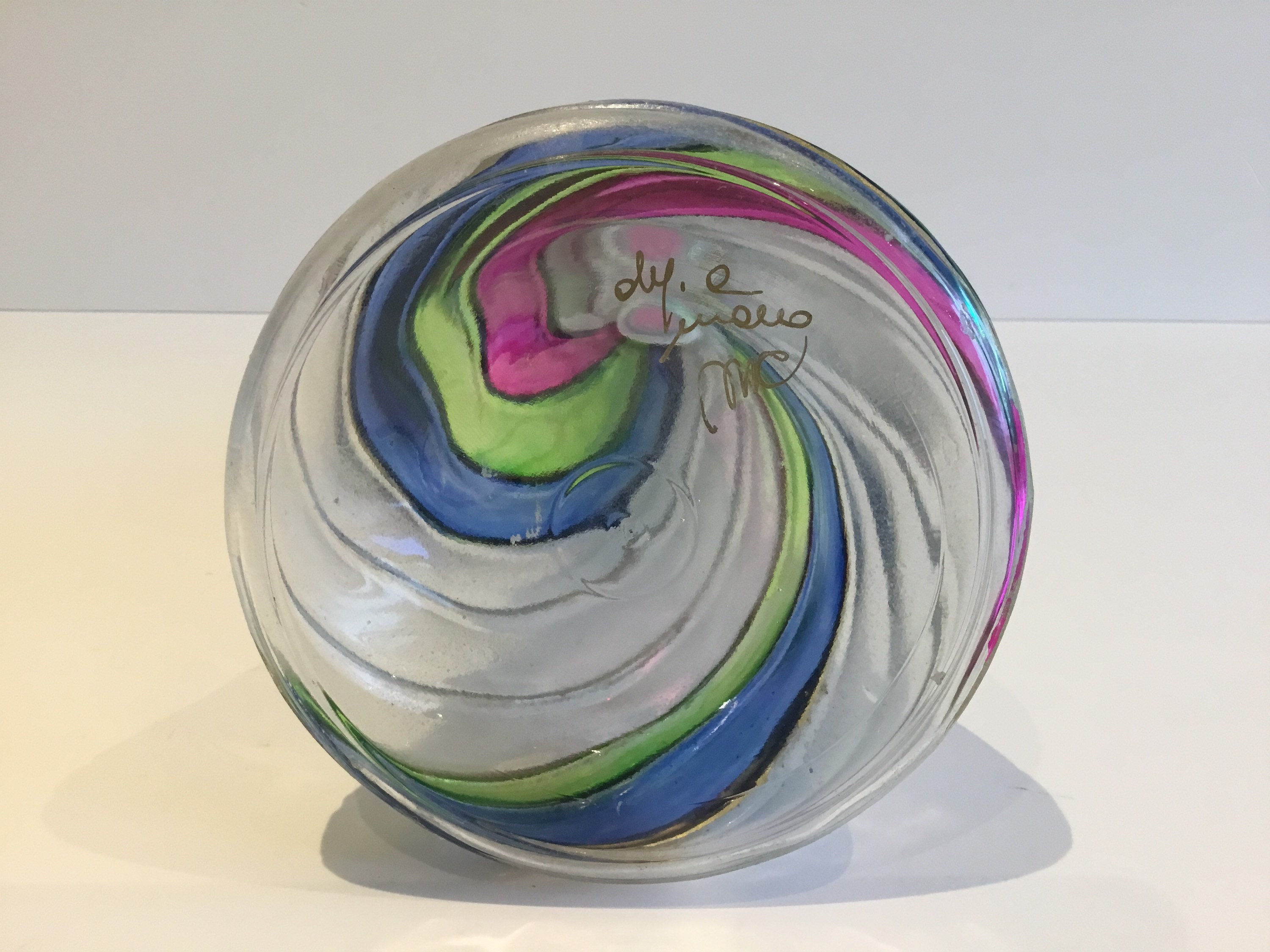 Vintage Italian Glass | 1970s MC Monogram Bottle, Gold Spiral Hand Painted Design — photo 5 of 7