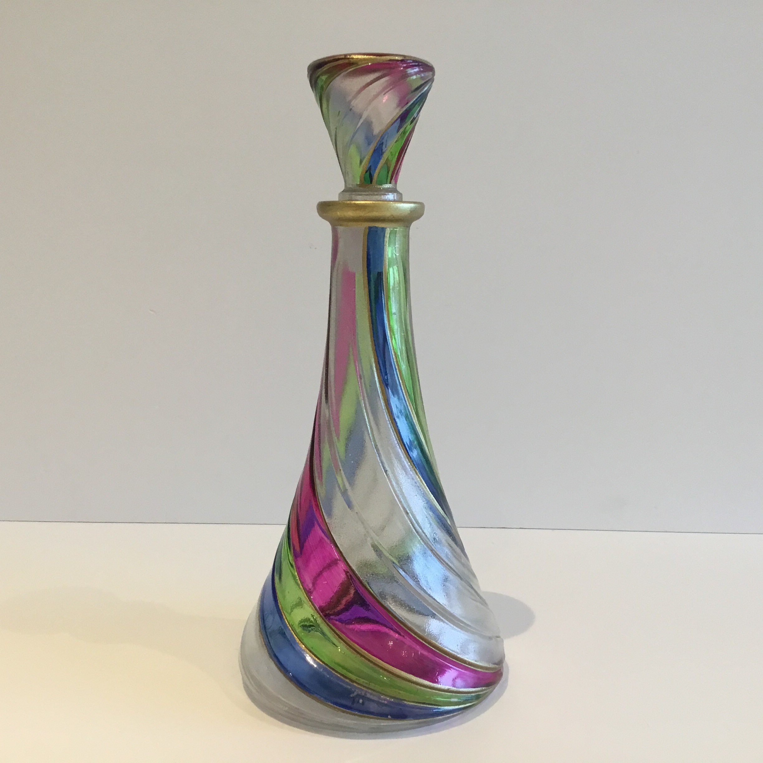 Vintage Italian Glass | 1970s MC Monogram Bottle, Gold Spiral Hand Painted Design — photo 6 of 7