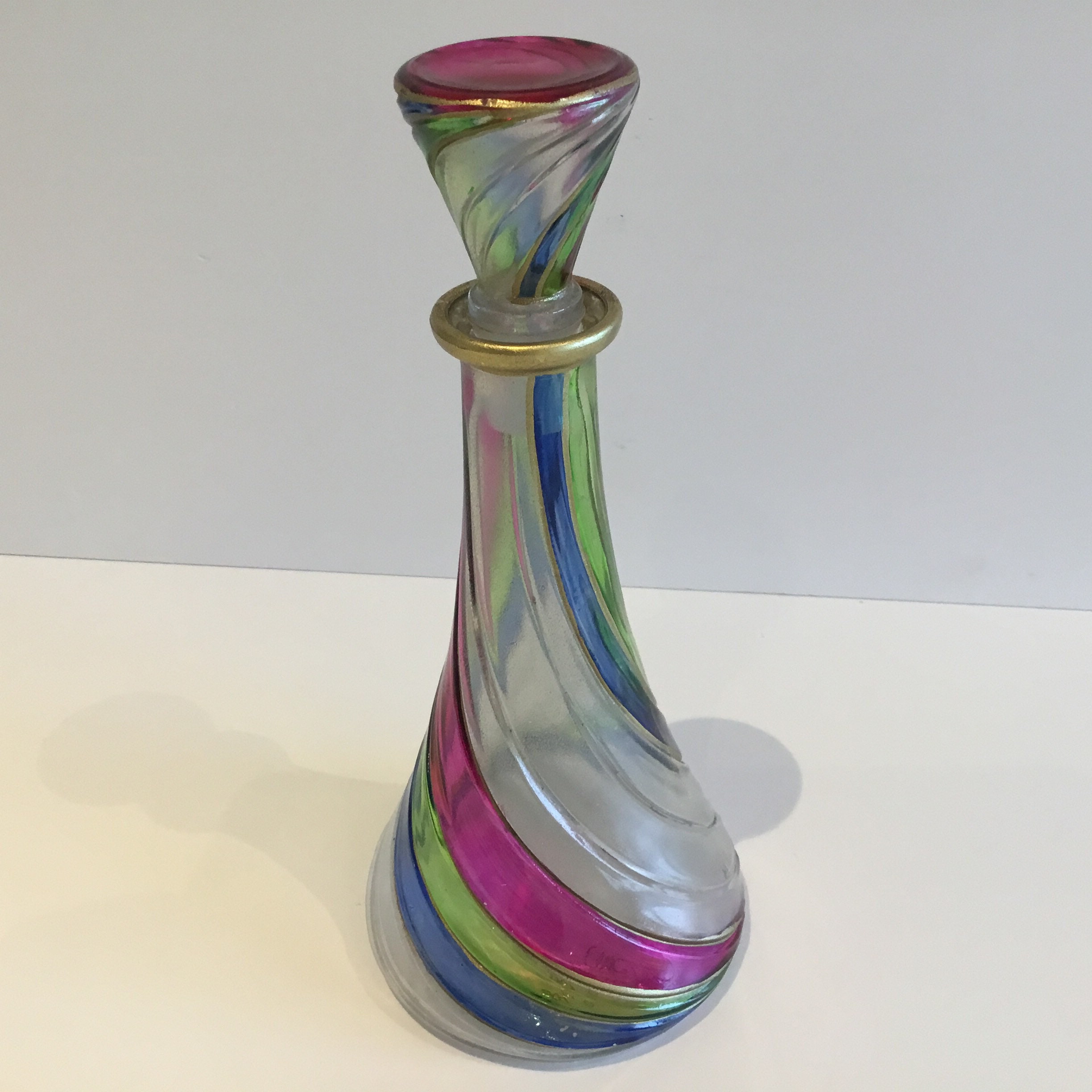 Vintage Italian Glass | 1970s MC Monogram Bottle, Gold Spiral Hand Painted Design — photo 7 of 7
