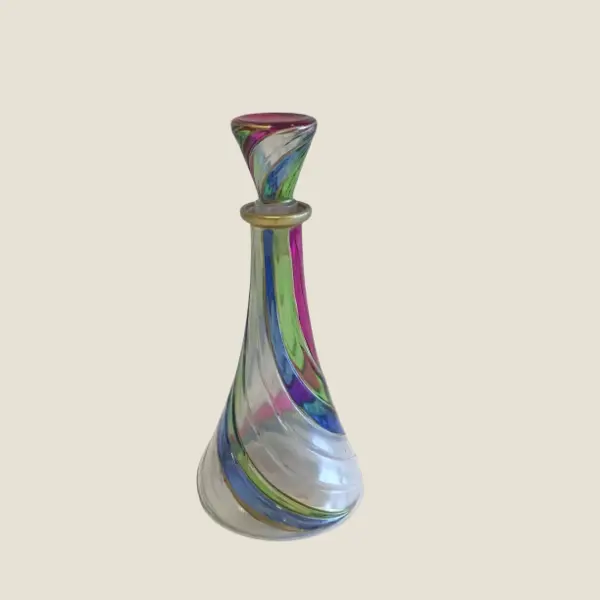 Vintage Italian Glass | 1970s MC Monogram Bottle, Gold Spiral Hand Painted Design