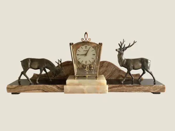 Antique Art Deco Mantel Clock – French Black Marble & Deer Sculpture (1930s)