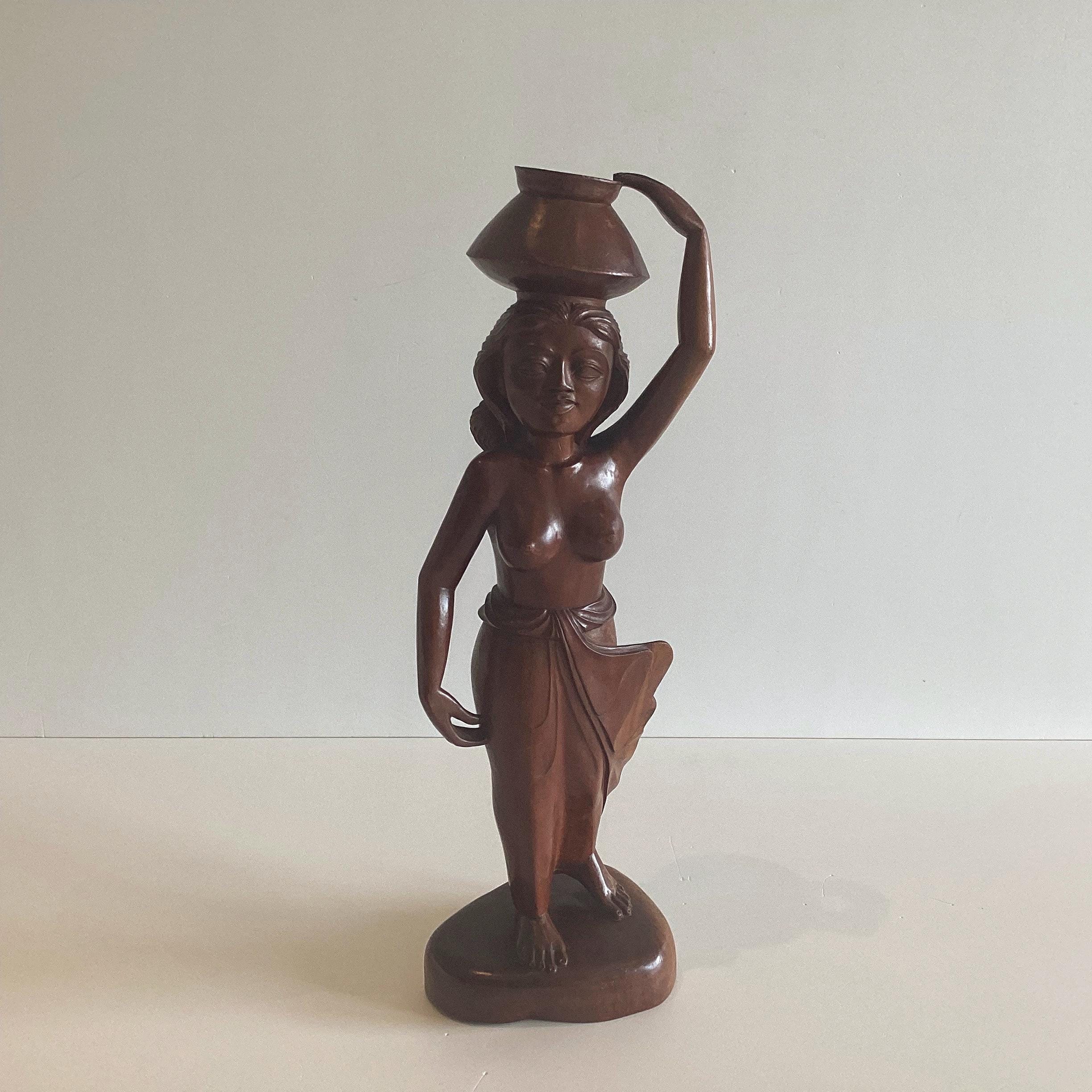 Vintage Sculpture | Balinese 1950s Hand-Carved Wooden Figure, Woman with Vessel — photo 2 of 7