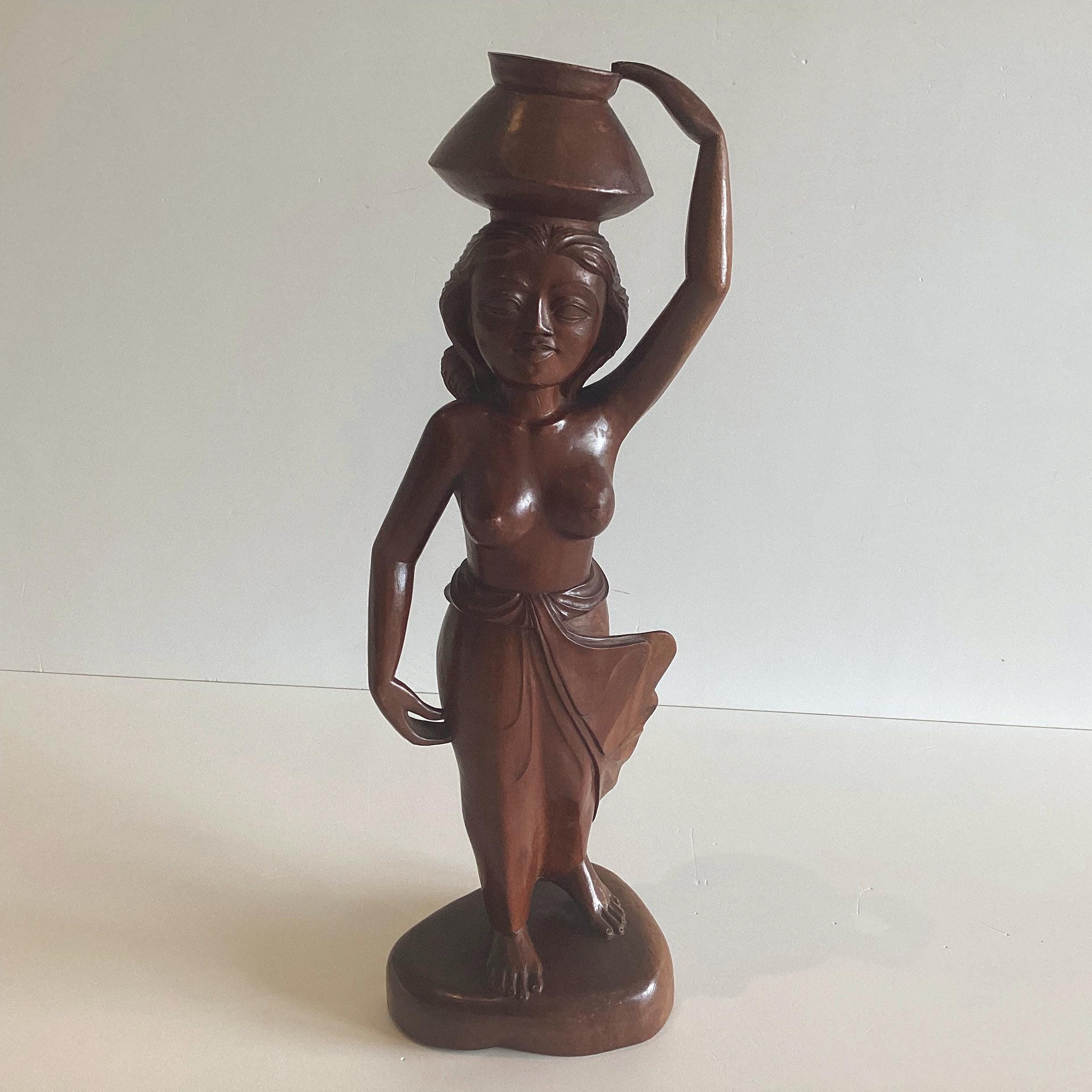 Vintage Sculpture | Balinese 1950s Hand-Carved Wooden Figure, Woman with Vessel — photo 3 of 7