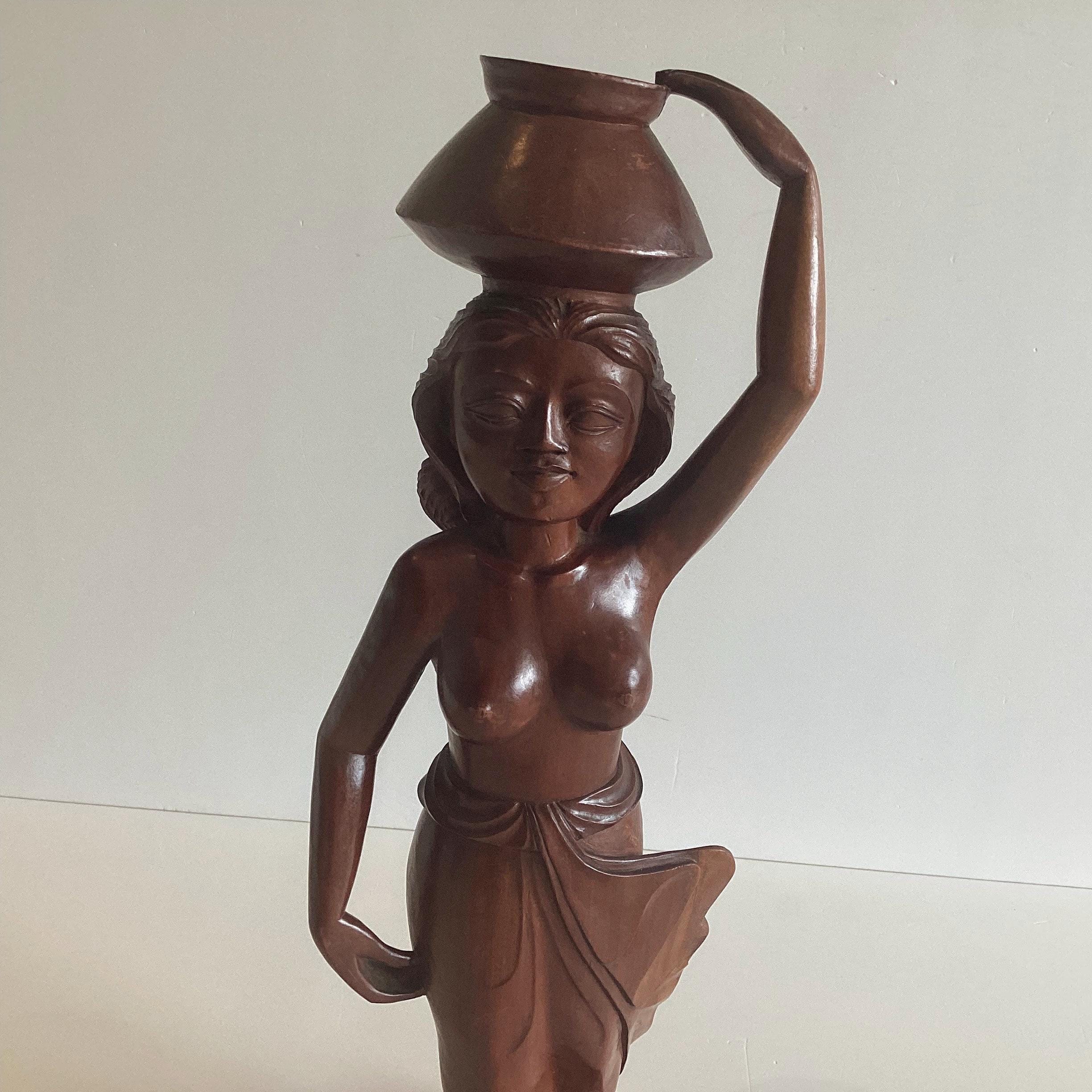 Vintage Sculpture | Balinese 1950s Hand-Carved Wooden Figure, Woman with Vessel — photo 4 of 7