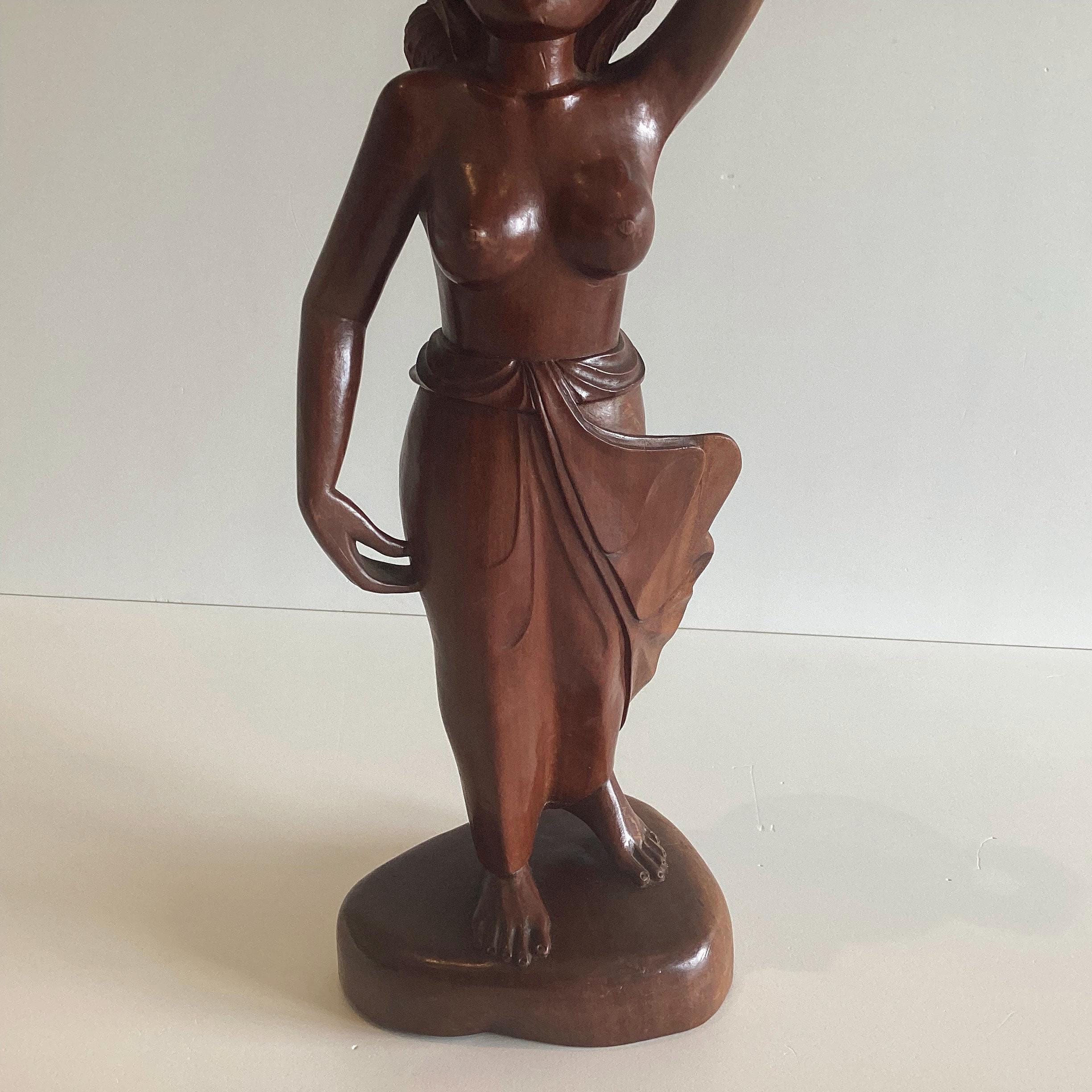 Vintage Sculpture | Balinese 1950s Hand-Carved Wooden Figure, Woman with Vessel — photo 5 of 7