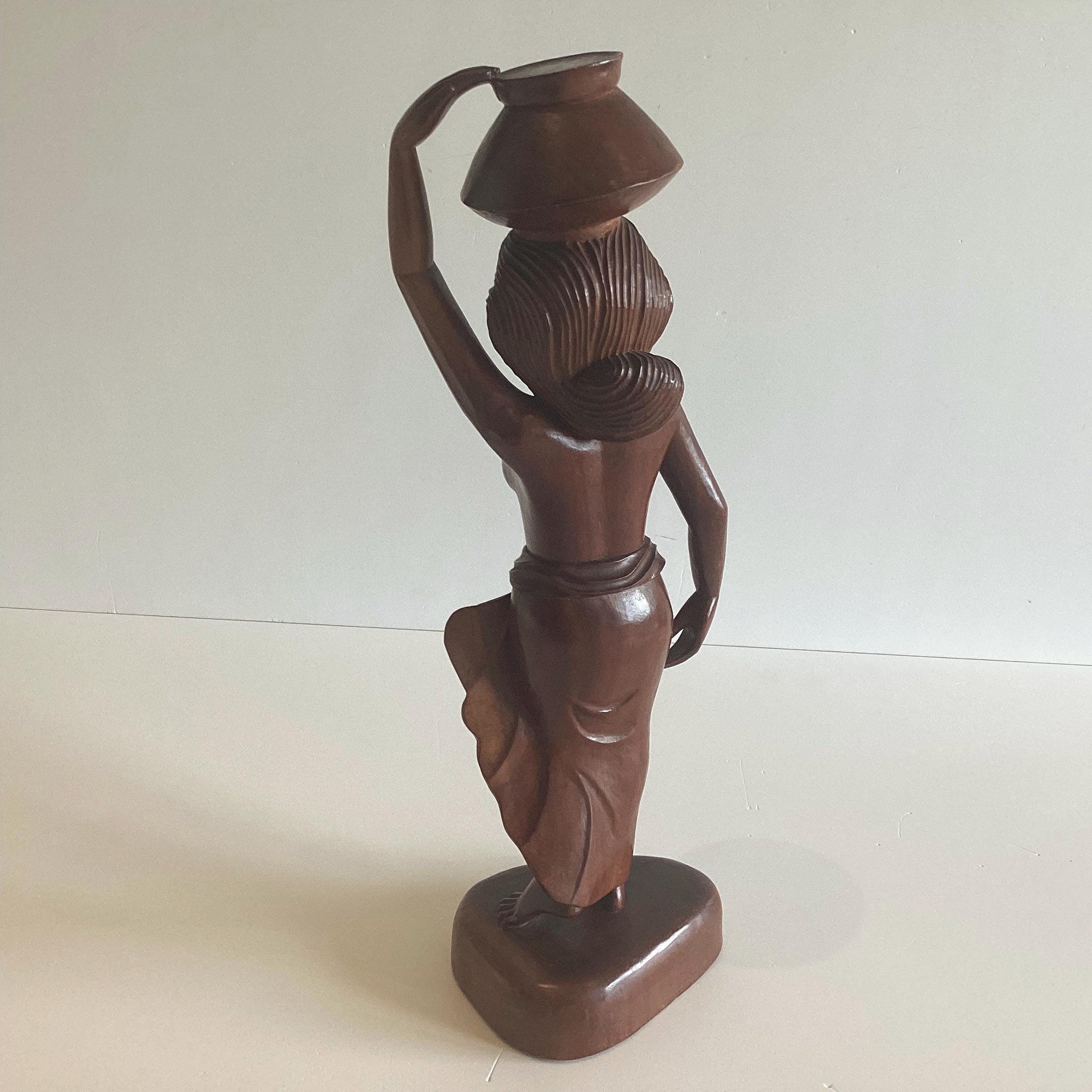 Vintage Sculpture | Balinese 1950s Hand-Carved Wooden Figure, Woman with Vessel — photo 6 of 7