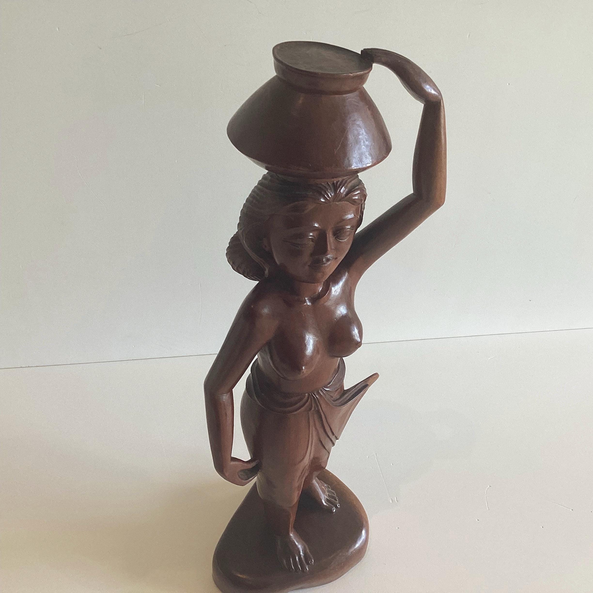 Vintage Sculpture | Balinese 1950s Hand-Carved Wooden Figure, Woman with Vessel — photo 7 of 7