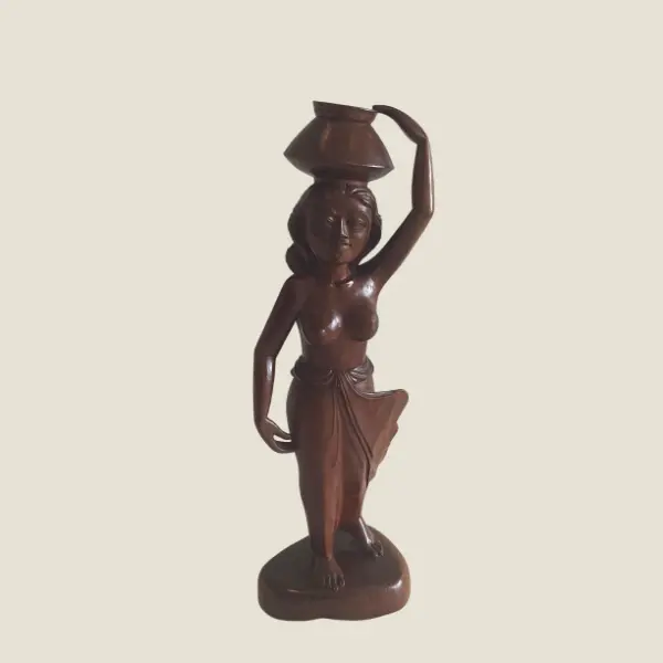 Vintage Sculpture | Balinese 1950s Hand-Carved Wooden Figure, Woman with Vessel