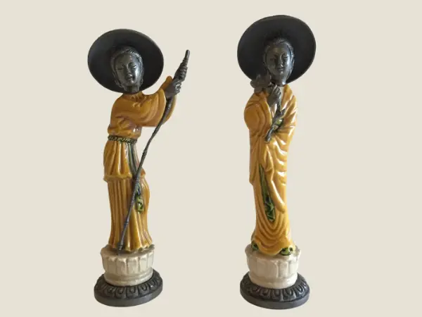 Vintage Italian Figurines | 1940s Majolica & Pewter Pair, Peltro Marked Art Deco Statues