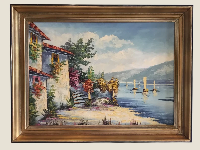 Vintage Marine Painting | Rinaldi 1950s Sicilian Landscape, Akoun Catalog Italian Artist