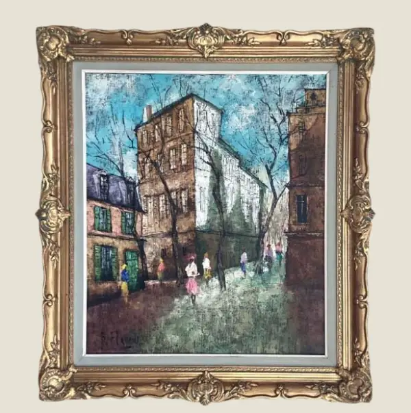 Vintage Paris Painting | Paul Flaneur 1950s Large Landscape, Oil on Canvas Golden Frame